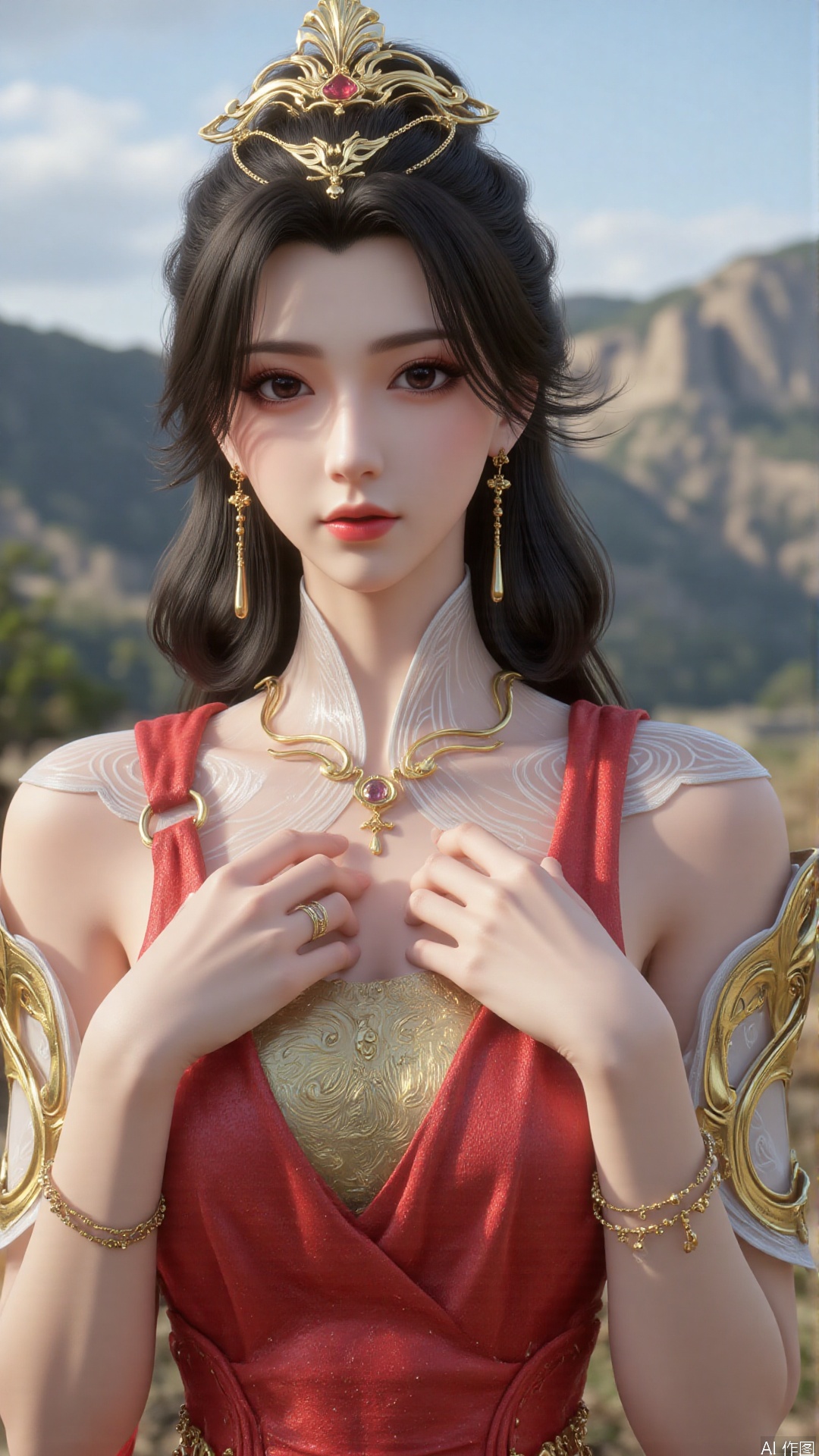 1girl, dress, solo, jewelry, hair ornament, red dress, black hair, earrings, looking at viewer, mischevious smile, perfect body, scenery, sharp focus, best quality, masterpiece, detailed outfit, illustration, perfect eyes, finely detailed beautiful anime eyes, realistic skin, intricate details, best lighting, depth of field, ultra high resolution,cowboy shot