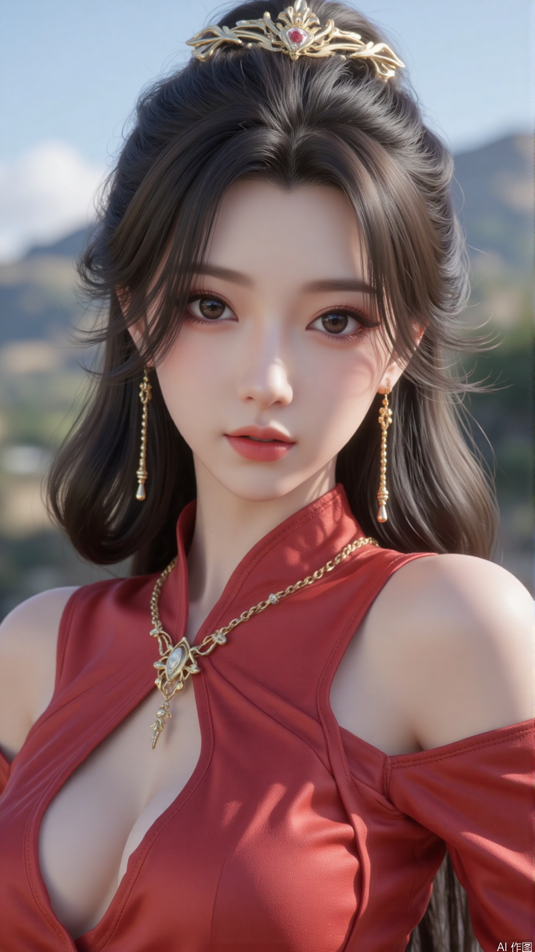 1girl, dress, solo, jewelry, hair ornament, red dress, black hair, earrings, looking at viewer, mischevious smile, perfect body, scenery, sharp focus, best quality, masterpiece, detailed outfit, illustration, perfect eyes, finely detailed beautiful anime eyes, realistic skin, intricate details, best lighting, depth of field, ultra high resolution,cowboy shot