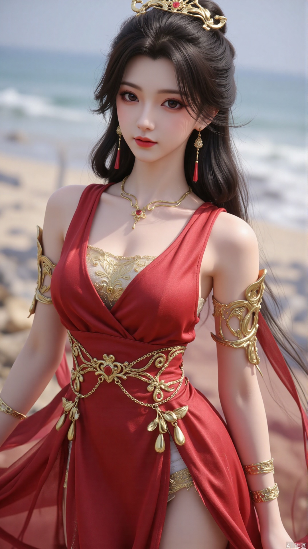 1girl, dress, solo, jewelry, hair ornament, red dress, black hair, earrings, looking at viewer, mischevious smile, perfect body, scenery, sharp focus, best quality, masterpiece, detailed outfit, illustration, perfect eyes, finely detailed beautiful anime eyes, realistic skin, intricate details, best lighting, depth of field, ultra high resolution,cowboy shot