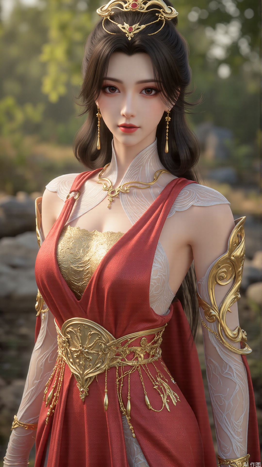 1girl, mouth veil, dress, solo, jewelry, hair ornament, red dress, black hair, earrings, looking at viewer, mischevious smile, perfect body, scenery, sharp focus, best quality, masterpiece, detailed outfit, illustration, perfect eyes, finely detailed beautiful anime eyes, realistic skin, intricate details, best lighting, depth of field, ultra high resolution,cowboy shot