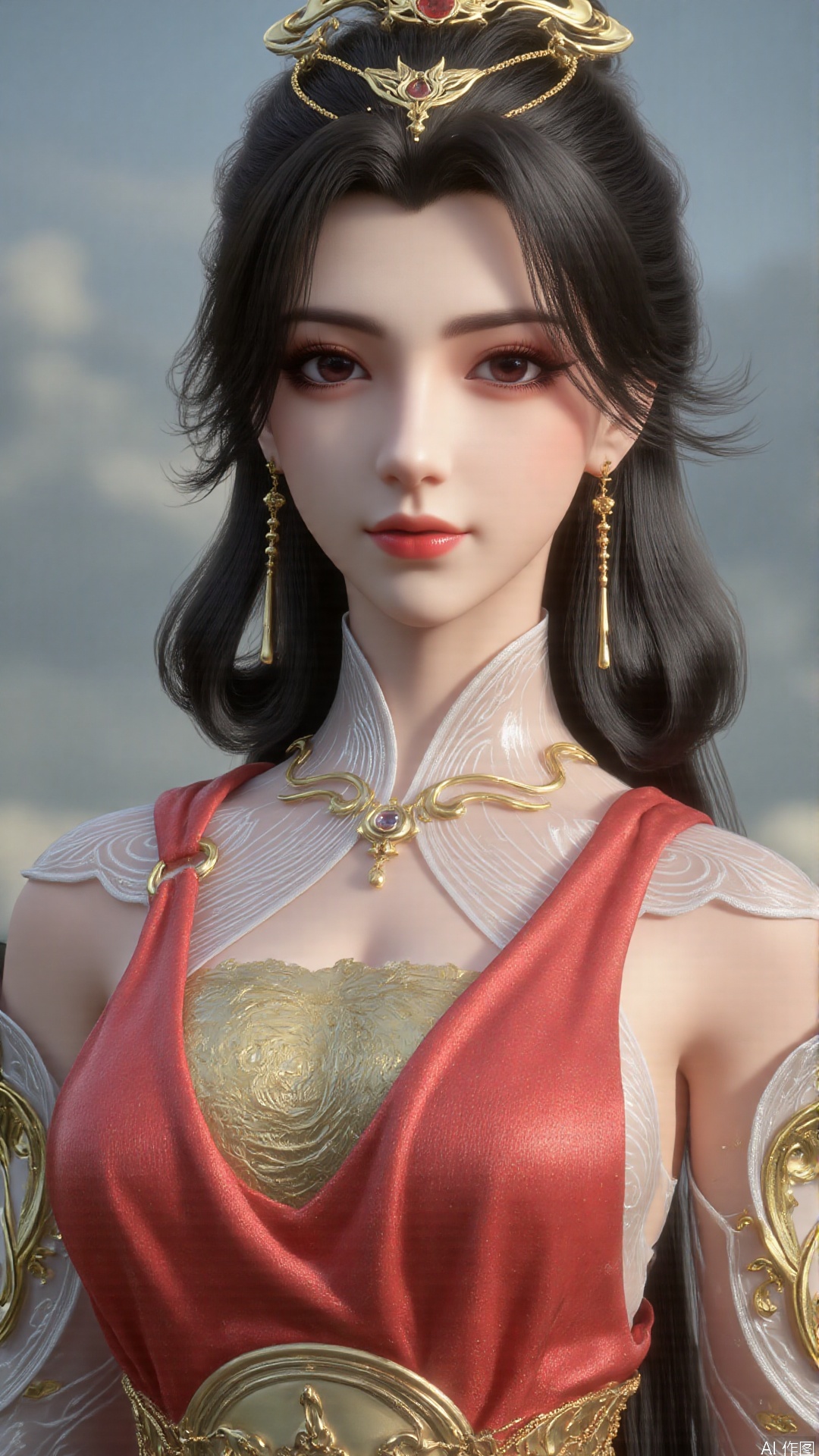 1girl, mouth veil, dress, solo, jewelry, hair ornament, red dress, black hair, earrings, looking at viewer, mischevious smile, perfect body, scenery, sharp focus, best quality, masterpiece, detailed outfit, illustration, perfect eyes, finely detailed beautiful anime eyes, realistic skin, intricate details, best lighting, depth of field, ultra high resolution,cowboy shot