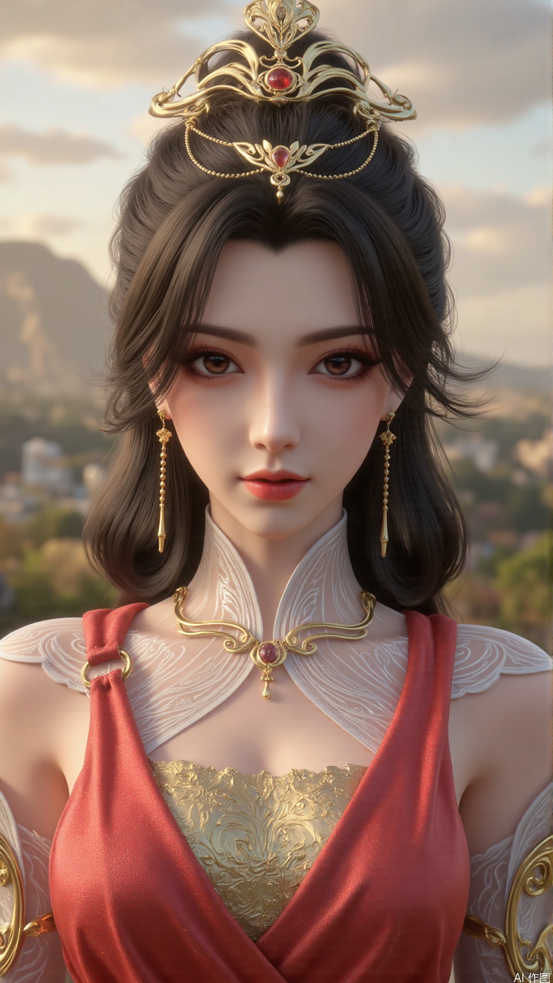 1girl, mouth veil, dress, solo, jewelry, hair ornament, red dress, black hair, earrings, looking at viewer, mischevious smile, perfect body, scenery, sharp focus, best quality, masterpiece, detailed outfit, illustration, perfect eyes, finely detailed beautiful anime eyes, realistic skin, intricate details, best lighting, depth of field, ultra high resolution,cowboy shot