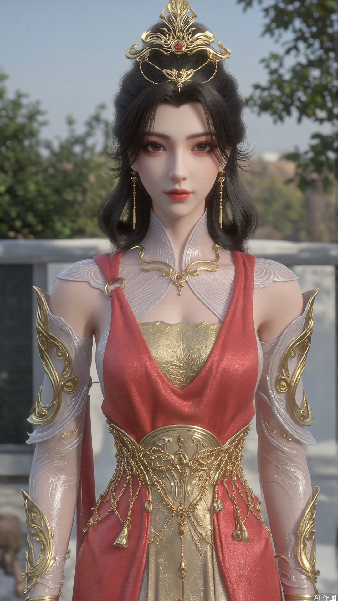 1girl, veil, dress, solo, jewelry, hair ornament, red dress, black hair, earrings, looking at viewer, mischevious smile, perfect body, scenery, sharp focus, best quality, masterpiece, detailed outfit, illustration, perfect eyes, finely detailed beautiful anime eyes, realistic skin, intricate details, best lighting, depth of field, ultra high resolution,cowboy shot