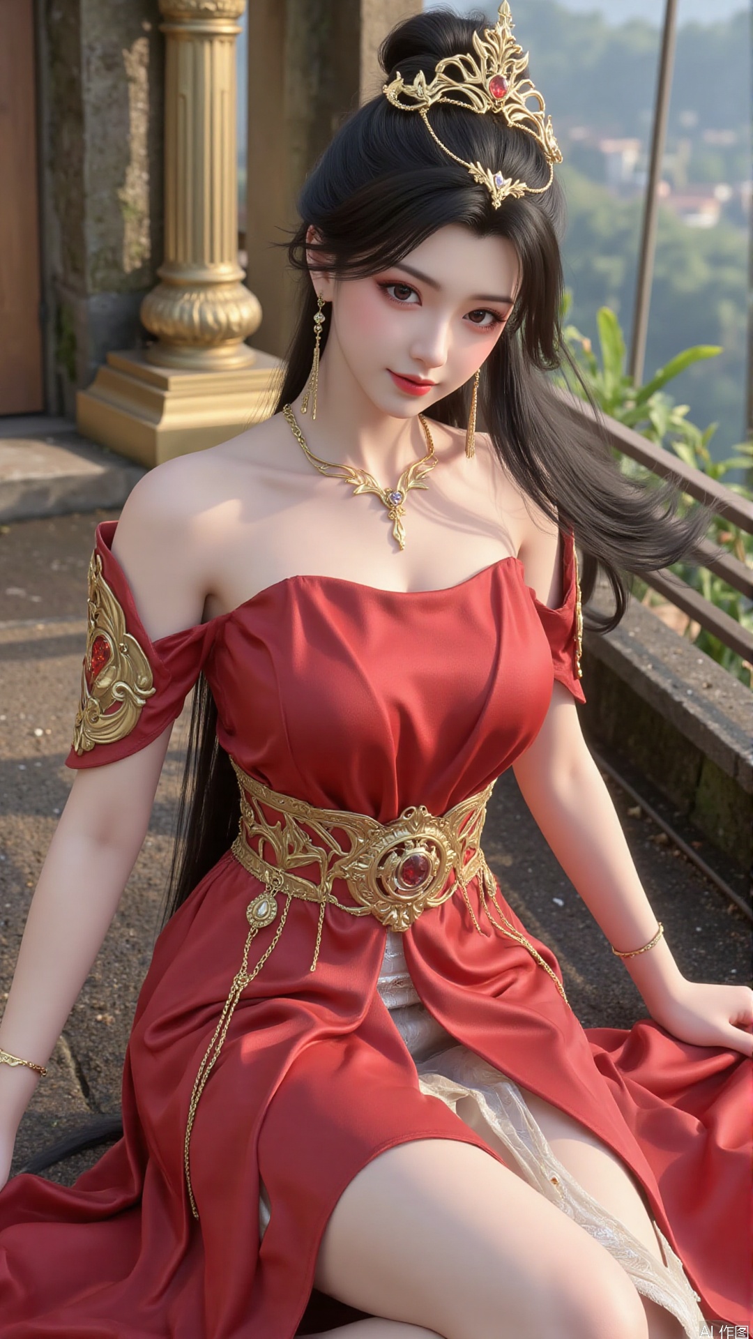 1girl, dress, solo, jewelry, hair ornament, red dress, black hair, earrings, looking at viewer, mischevious smile, perfect body, scenery, sharp focus, best quality, masterpiece, detailed outfit, illustration, perfect eyes, finely detailed beautiful anime eyes, realistic skin, intricate details, best lighting, depth of field, ultra high resolution,cowboy shot