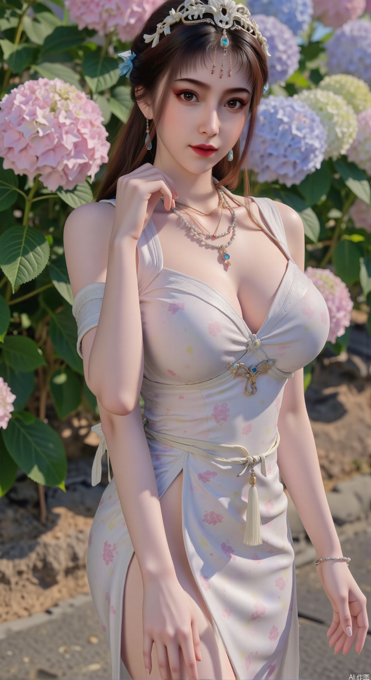  SFW,(masterpiece:1.2),best quality,absurdres,masterpiece,original,extremely detailed wallpaper,perfect lighting,1girl,solo,looking at viewer,(cowboy_shot:1.3),long hair,high heels,blurry background,depth of field,motion blur,(long dress:1.23),china_dress,chinese_style,bare shouders,crystal_earrings,headpiece,hair_tie,chest_jewel,gem,necklace,jewelry,in summer,day,outdoors,nature,garden,,(standing,Hydrangea, Hydrangea Field:1.59),(huge breasts:2.99),(full breasts:2.99),Xzhihua,Xsiyouyou,Xyanruyu,Xmoxiaonan,Xyeqingxian