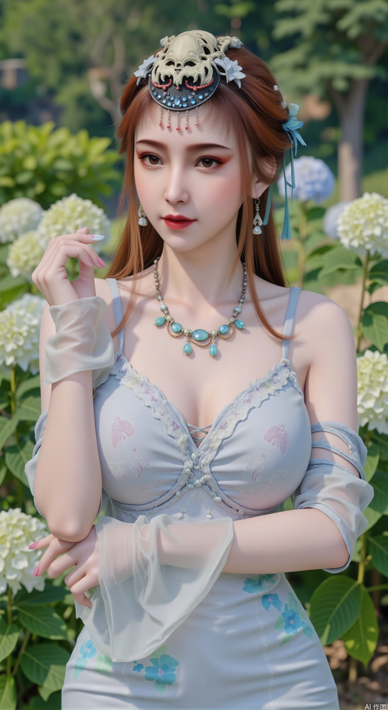  SFW,(masterpiece:1.2),best quality,absurdres,masterpiece,original,extremely detailed wallpaper,perfect lighting,1girl,solo,looking at viewer,(cowboy_shot:1.3),long hair,high heels,blurry background,depth of field,motion blur,(long dress:1.23),china_dress,chinese_style,bare shouders,crystal_earrings,headpiece,hair_tie,chest_jewel,gem,necklace,jewelry,in summer,day,outdoors,nature,garden,,(standing,Hydrangea, Hydrangea Field:1.59),(huge breasts:2.99),(full breasts:2.99),Xzhihua,Xsiyouyou,Xyanruyu,Xmoxiaonan,Xyeqingxian