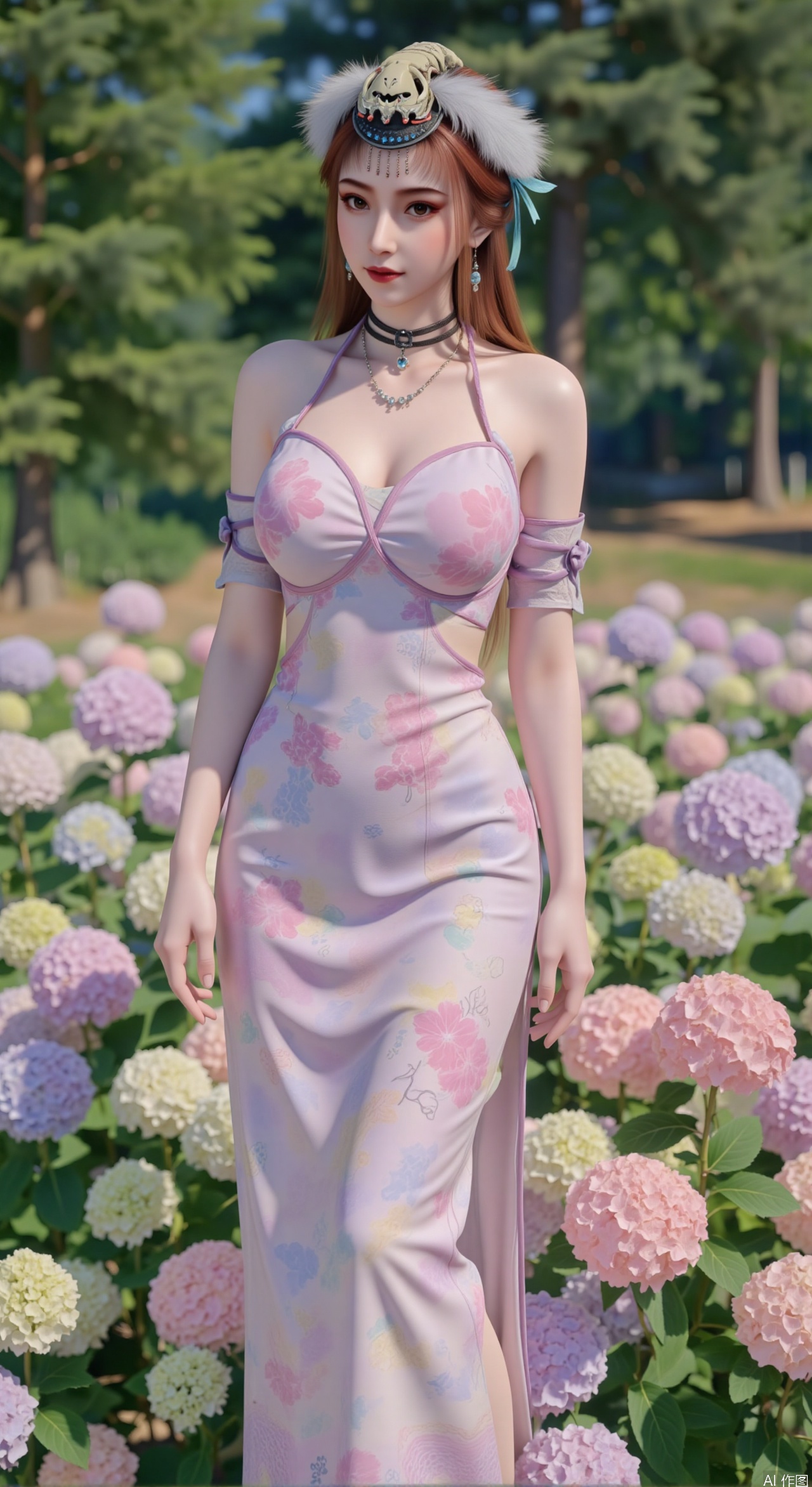  SFW,(masterpiece:1.2),best quality,absurdres,masterpiece,original,extremely detailed wallpaper,perfect lighting,1girl,solo,looking at viewer,(cowboy_shot:1.3),long hair,high heels,blurry background,depth of field,motion blur,(long dress:1.23),china_dress,chinese_style,bare shouders,crystal_earrings,headpiece,hair_tie,chest_jewel,gem,necklace,jewelry,in summer,day,outdoors,nature,garden,,(standing,Hydrangea, Hydrangea Field:1.59),(huge breasts:2.99),(full breasts:2.99),Xzhihua,Xsiyouyou,Xyanruyu,Xmoxiaonan,Xyeqingxian