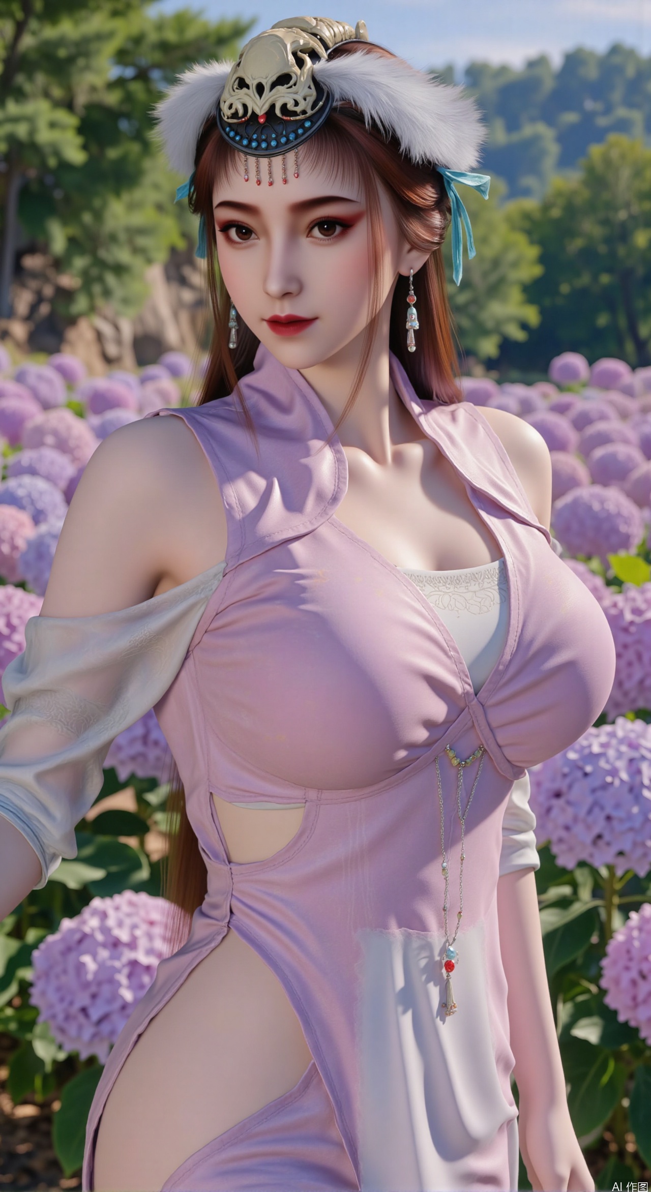  SFW,(masterpiece:1.2),best quality,absurdres,masterpiece,original,extremely detailed wallpaper,perfect lighting,1girl,solo,looking at viewer,(cowboy_shot:1.3),long hair,high heels,blurry background,depth of field,motion blur,(long dress:1.23),china_dress,chinese_style,bare shouders,crystal_earrings,headpiece,hair_tie,chest_jewel,gem,necklace,jewelry,in summer,day,outdoors,nature,garden,,(standing,Hydrangea, Hydrangea Field:1.59),(huge breasts:2.99),(full breasts:2.99),Xzhihua,Xsiyouyou,Xyanruyu,Xmoxiaonan,Xyeqingxian