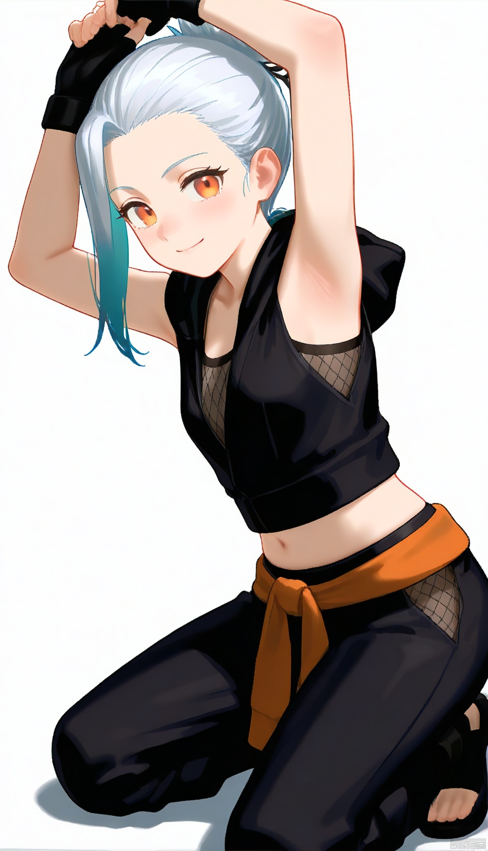 masterpiece,best quality,Ultra-high resolution, high quality, extremely detailed CG unity 8k wallpaper, extremely detailed, anime style,1girl,white background,simple background,sidelock,short hair,white hair,masterpiece,best quality,amazing quality,very aesthetic,absurdres,newest,scenery,masterpiece, best quality, amazing quality, very aesthetic, absurdres, newest,smile, shirt, closed mouth,collarbone, cowboy shot, small breasts, midriff, pants, hood, from side,  orange eyes,white shirt,no_sleeves,forehead,Hohzuki,kneeling, ,black ninja scandals,arms up,narutoseries,ninja,fingerless gloves, fishnets,Hohzuki
