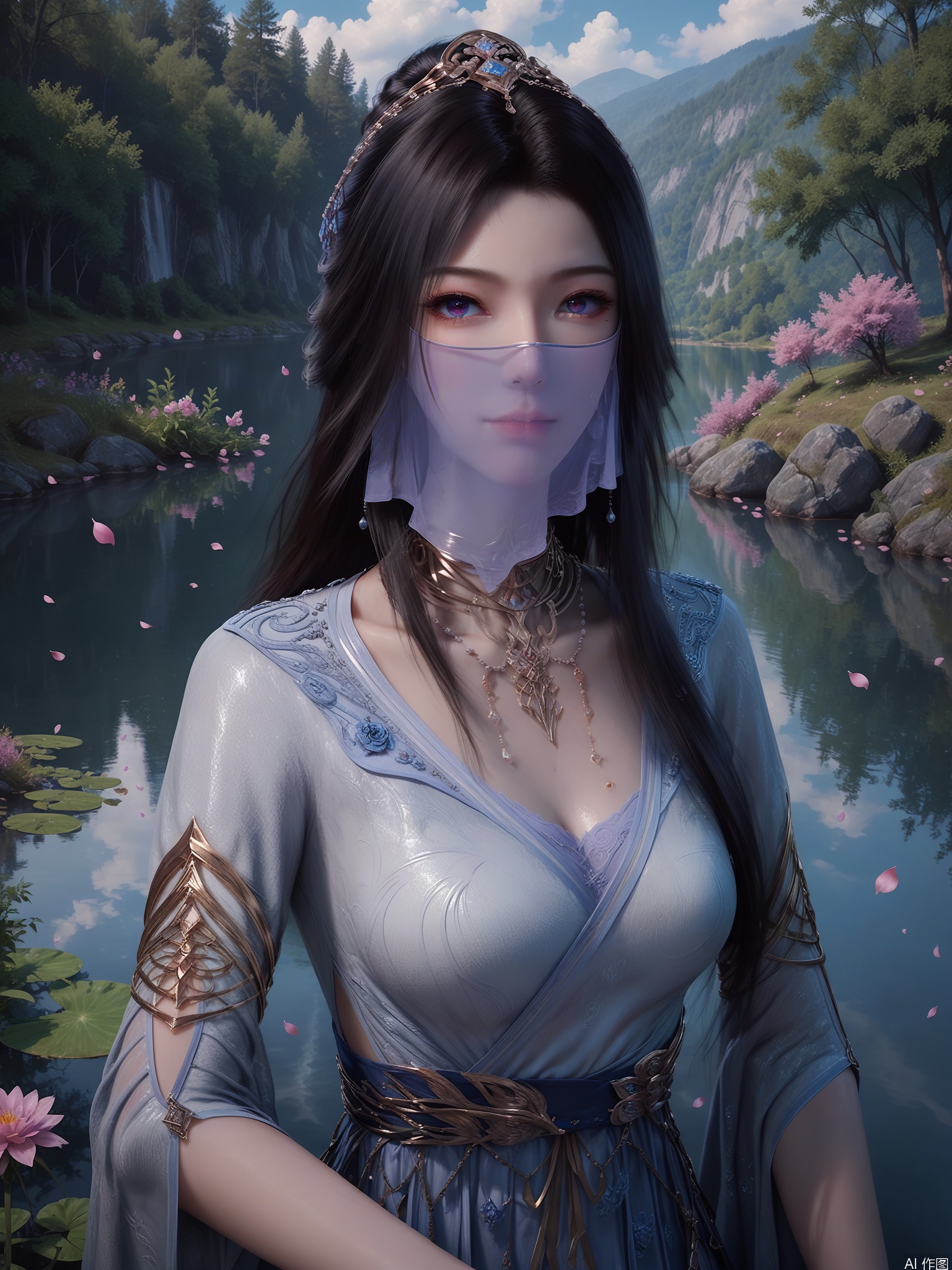 score_9,score_8_up,score_7_up,1girl,looking_at_viewer,realistic,1girl,Vivid Colors,bright environment,sunshine,god light,lake,delicate water surface,shiny skin,shiny hair,reflection,(wariza:1.2),dress,jewelry,flower sea,falling petals,extreme detail description,bright sunlight,frontal lighting,(upper body:1),put one hand on your chest,black-hair,veil