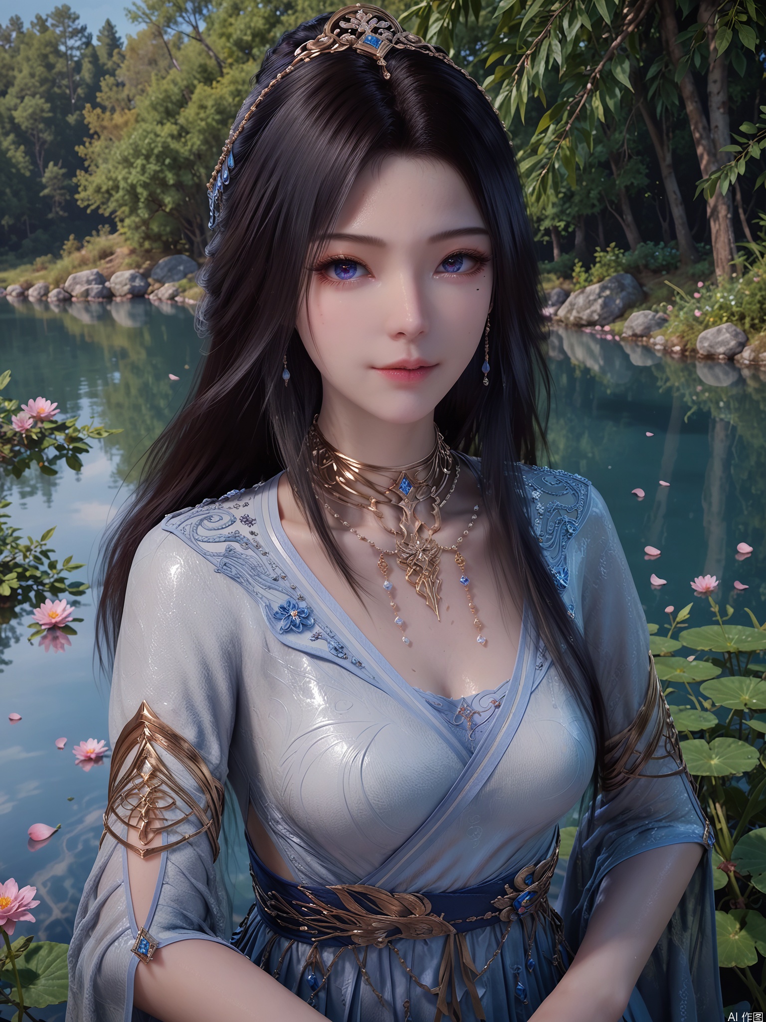 score_9,score_8_up,score_7_up,1girl,looking_at_viewer,realistic,1girl,Vivid Colors,bright environment,sunshine,god light,lake,delicate water surface,shiny skin,shiny hair,reflection,(wariza:1.2),dress,jewelry,flower sea,falling petals,extreme detail description,bright sunlight,frontal lighting,(upper body:1),put one hand on your chest,black-hair,facial_mark