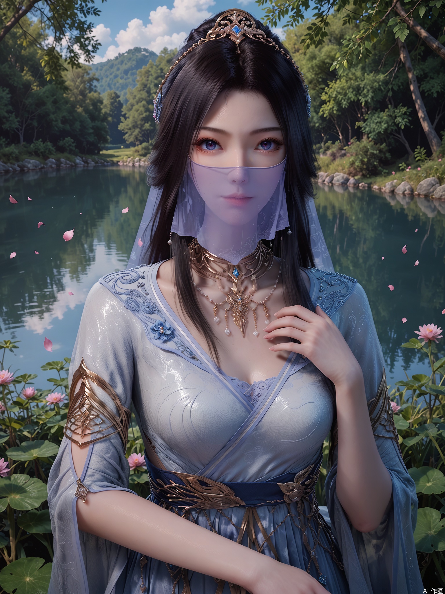 score_9,score_8_up,score_7_up,1girl,looking_at_viewer,realistic,1girl,Vivid Colors,bright environment,sunshine,god light,lake,delicate water surface,shiny skin,shiny hair,reflection,(wariza:1.2),dress,jewelry,flower sea,falling petals,extreme detail description,bright sunlight,frontal lighting,(upper body:1),put one hand on your chest,black-hair,veil