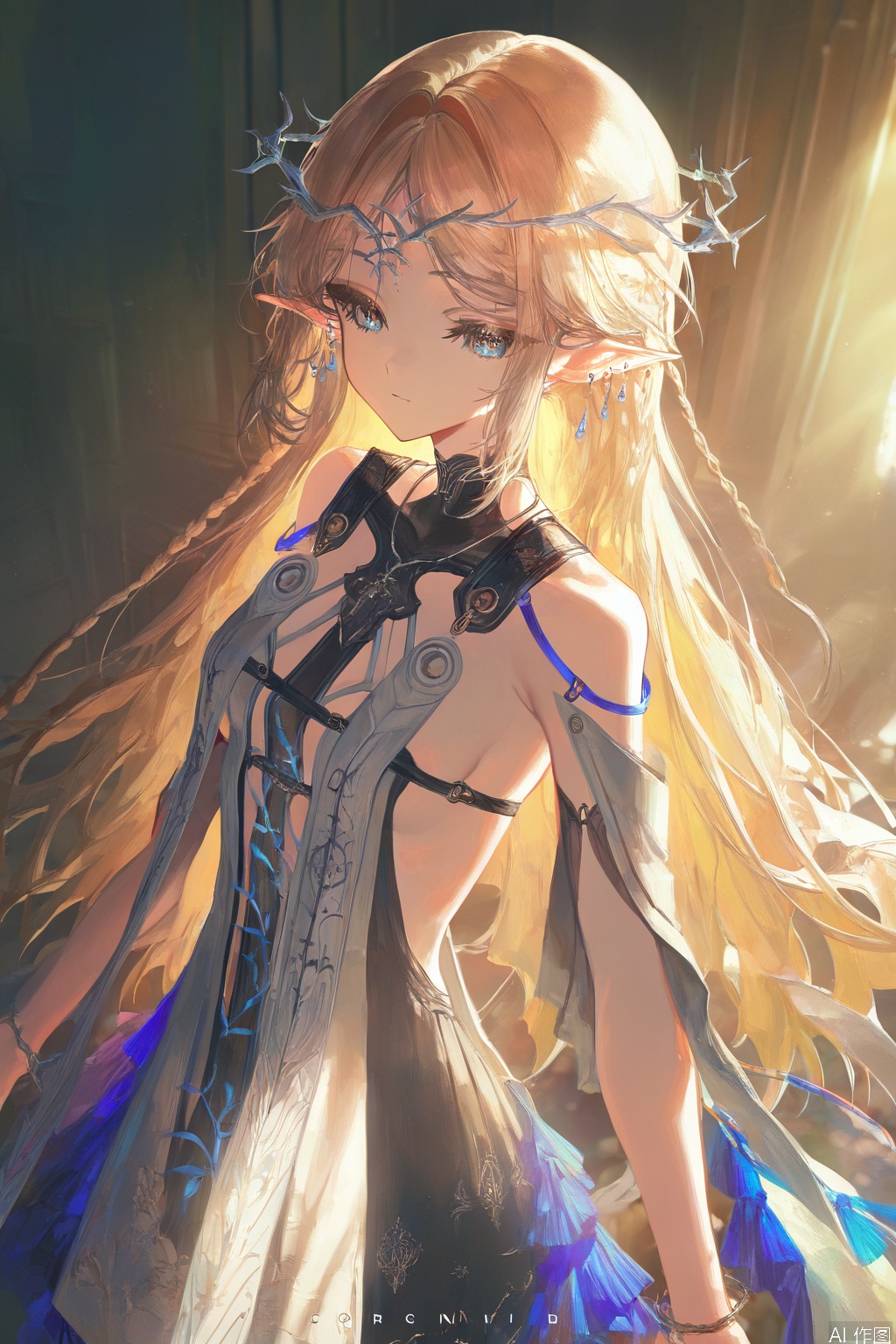 masterpiece,best quality,high quality,extremely detailed CG unity 8k wallpaper,extremely detailed,High Detail,vibrant colors,anime style,cover art,(artist:quasarcake:0.8),(mon (monmon2133):0.5),(mochizuki kei:0.95),(wlop:0.6),extreme aesthetic,masterpiece,best quality,good quality,newest,very aesthetic,absurdres,Visual impact,32K UHD,colorful,sharp focus,impactful picture,offcial art,
The elf ears on the left and right each have three earrings.

The sound mark is in the vertical direction in the middle of the forehead.

1girl

solo

long hair

breasts

blonde hair

dress

bare shoulders

jewelry

very long hair

braid

earrings

small breasts

indoors

bracelet

from side

sideboob
