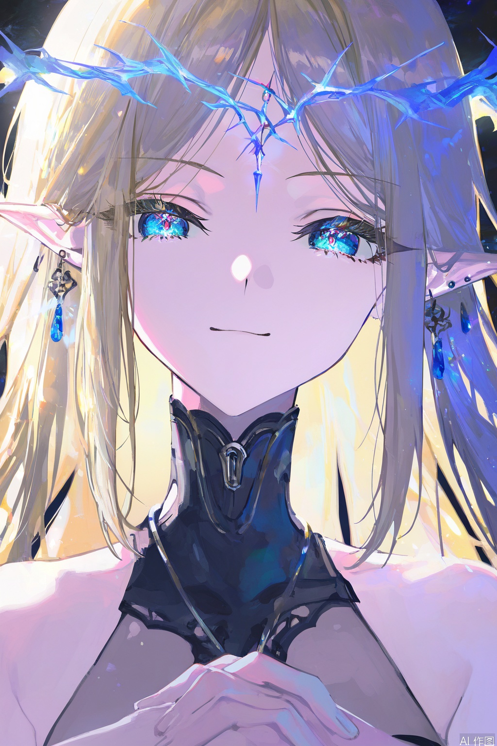 masterpiece,best quality,high quality,extremely detailed CG unity 8k wallpaper,extremely detailed,High Detail,vibrant colors,anime style,cover art,(artist:quasarcake:0.8),(mon (monmon2133):0.5),(mochizuki kei:0.95),(wlop:0.6),extreme aesthetic,masterpiece,best quality,good quality,newest,very aesthetic,absurdres,Visual impact,32K UHD,colorful,sharp focus,impactful picture,offcial art,
1girl
solo
long hair
looking at viewer
smile

bangs

blue eyes

blonde hair

bare shoulders

jewelry

closed mouth

upper body

earrings

pointy ears

parted bangs

own hands together

portrait
