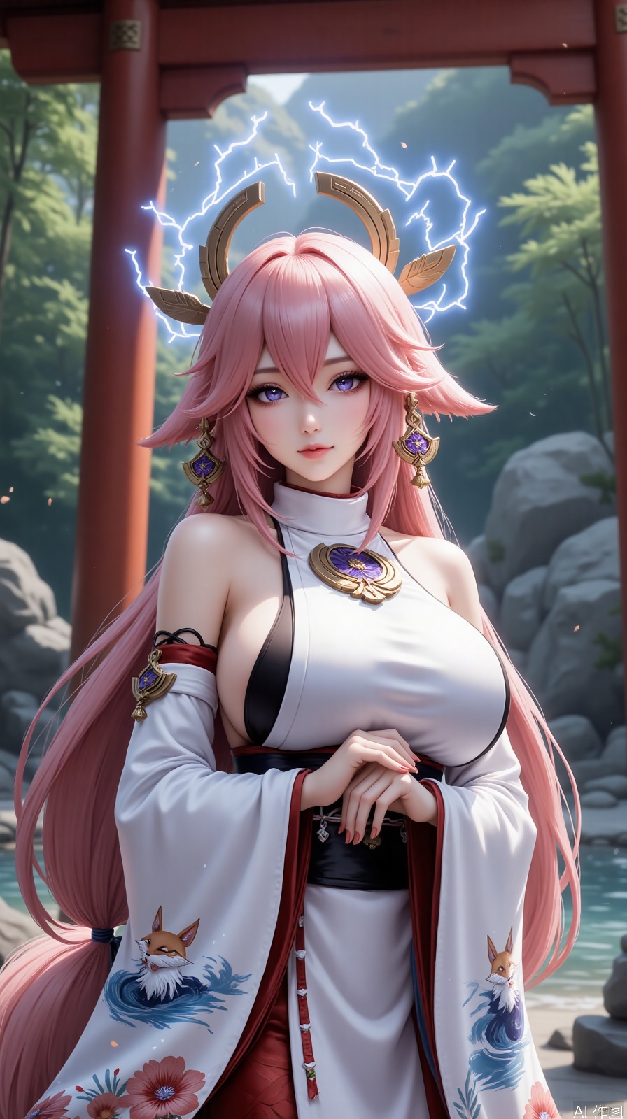 Yae Godson stands under the vermilion torii, with pink gradient long hair paired with fox earrings, kimono sleeves painted with running water patterns, green background, green mountains and water tones, bamboo forests contain morning mist, and the special effect of thunder element is indigo gradient halo