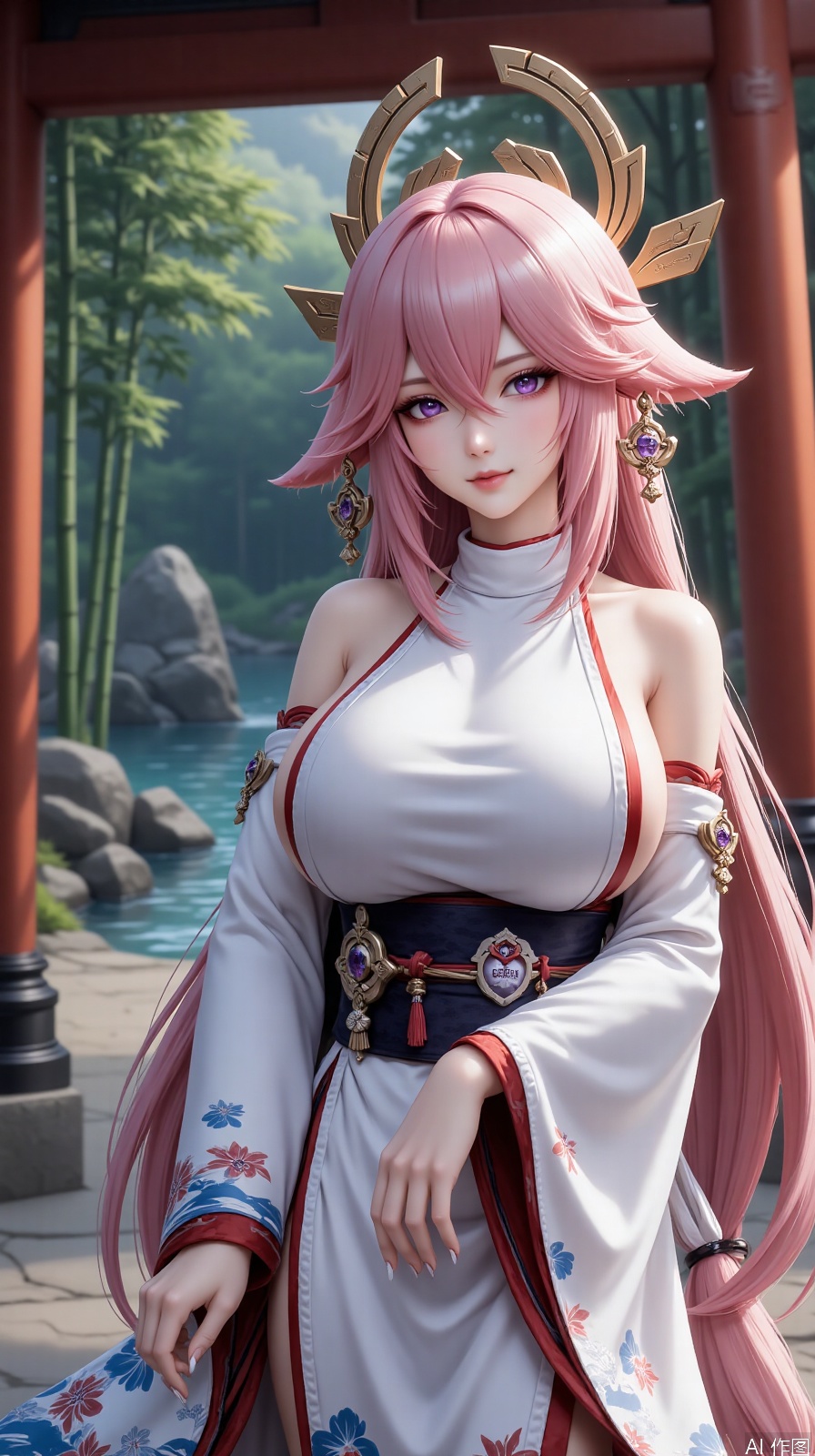 Yae Godson stands under the vermilion torii, with pink gradient long hair paired with fox earrings, kimono sleeves painted with running water patterns, green background, green mountains and water tones, bamboo forests contain morning mist, and the special effect of thunder element is indigo gradient halo
