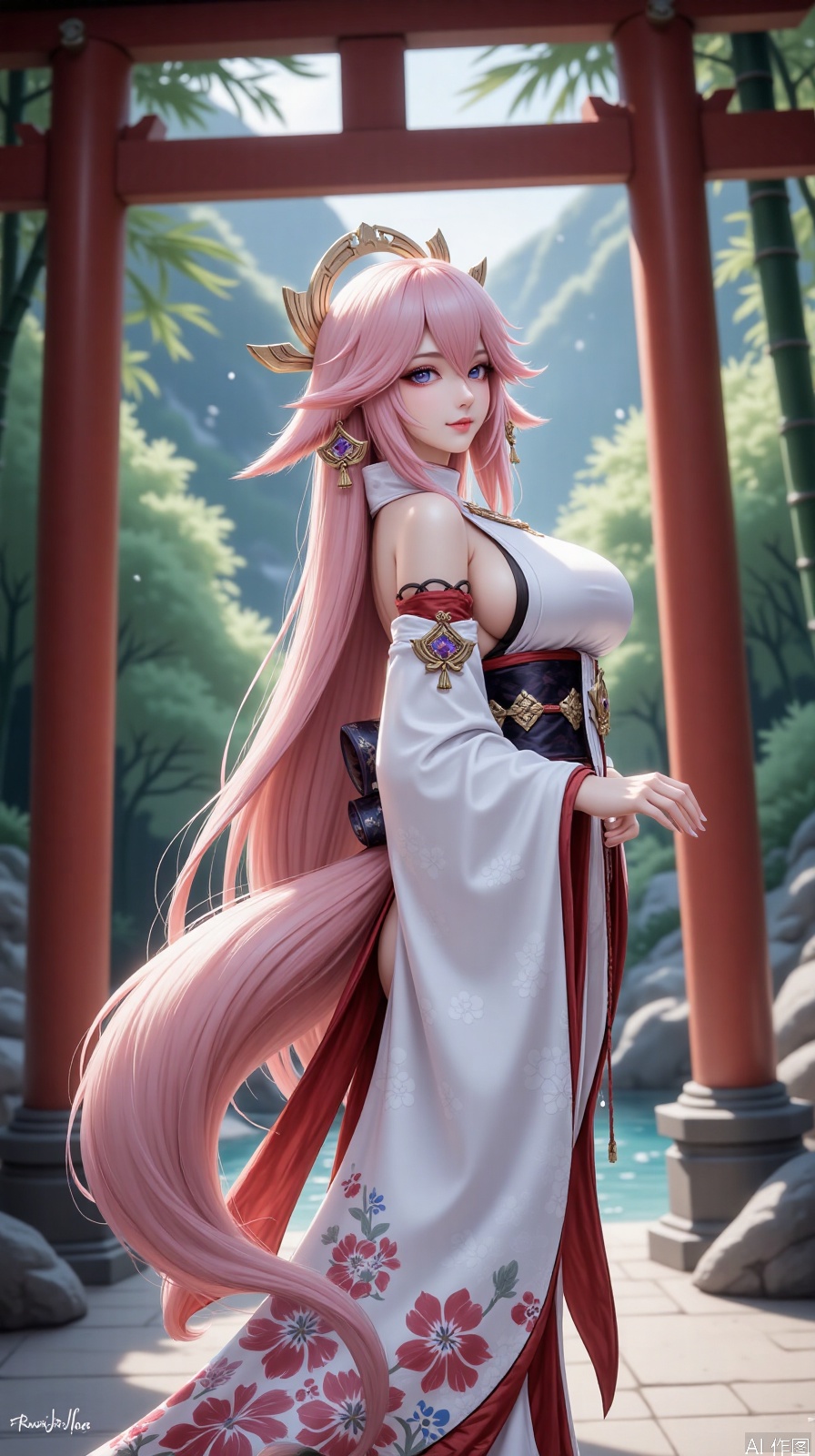 Yae Godson stands under the vermilion torii, with pink gradient long hair paired with fox earrings, kimono sleeves painted with running water patterns, green background, green mountains and water tones, bamboo forests contain morning mist, and the special effect of thunder element is indigo gradient halo