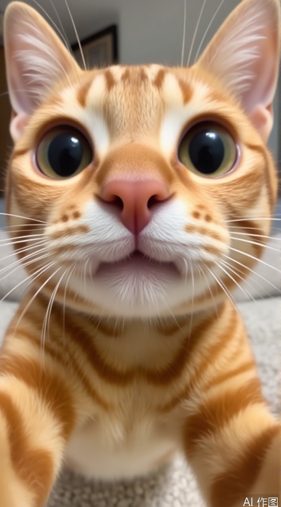 WALLPER, a medium-angle shot ,Ultra wide angle lens selfie, photo, photography, realistic photo, orange cat close-up, it has a pair of smooth big eyes and a small black nose. This photo has a slight blur and a soft focus