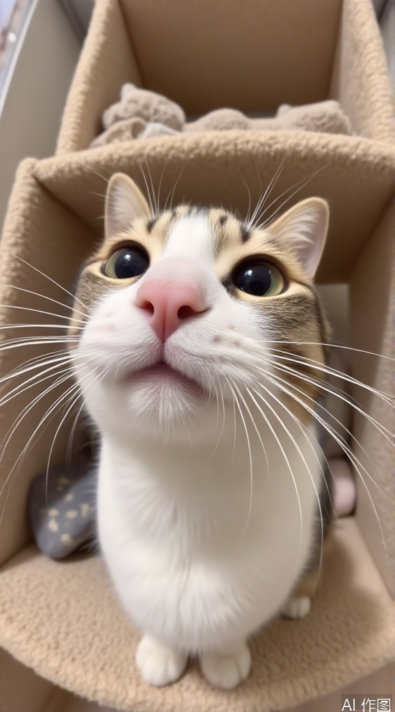 WALLPER, a medium-angle shot ,Ultra wide angle lens selfie, photo, photography, realistic photo, cat close-up. It has a pair of smooth big eyes and a small black nose, which looks very cute. The background is really on a cat rack