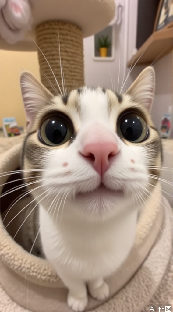 WALLPER, a medium-angle shot ,Ultra wide angle lens selfie, photo, photography, realistic photo, cat close-up. It has a pair of smooth big eyes and a small black nose, which looks very cute. The background is really on a cat rack