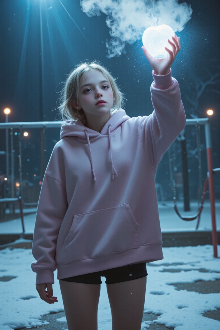 Jettie standing in an empty winter playground,  oversized hoodie,  dolphin shorts on Tensor.Art