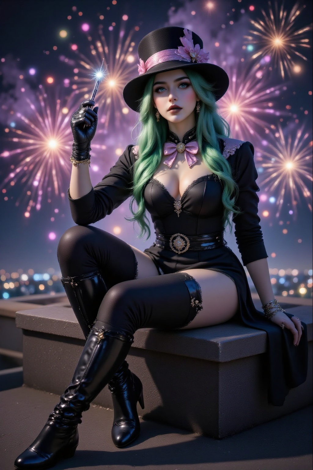 Top quality. Inspiration: Fireworks,  seven colors,  neon. Image: Close-up: A female magician with flowing on Tensor.Art