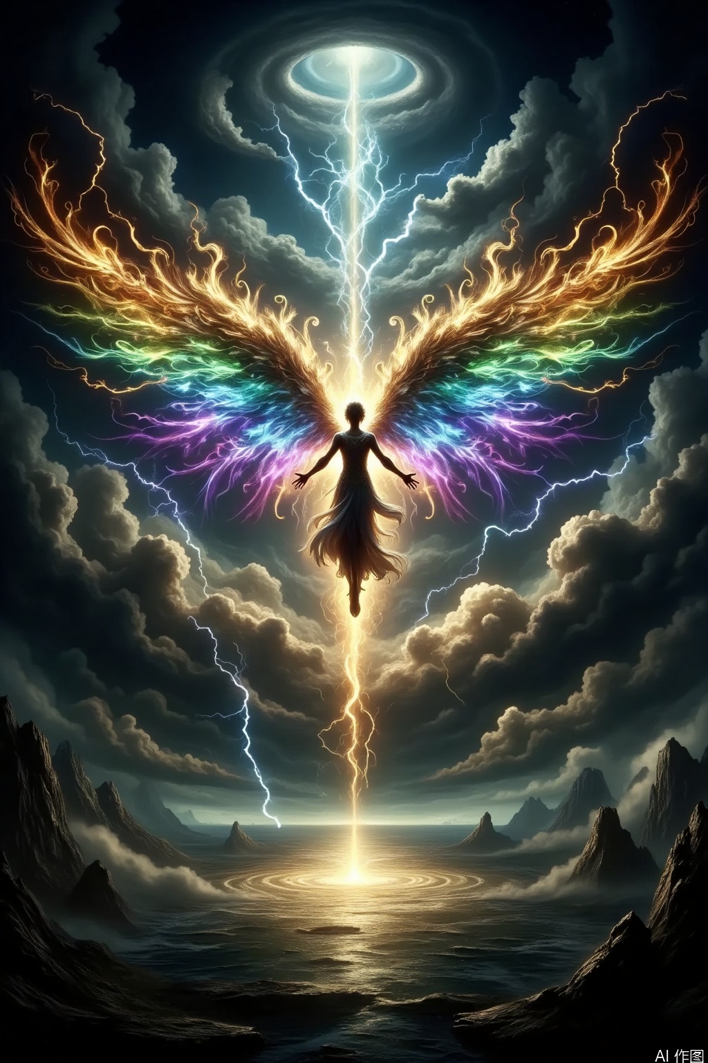 In the center of the image, a tall and upright figure hovers in the air with arms outstretched. Behind the figure is an extremely large and dazzling pair of wings. The feathers are intertwined with colorful glows such as gold, green, blue, and purple, shining brightly. The figure is surrounded by flashing electric light. Above, dark clouds churn in the sky, with a mysterious energy vortex in the center emitting a strong light. Below is a sparkling sea and rugged land. The overall scene creates a sacred, awe - inspiring, and fantastically powerful atmosphere.