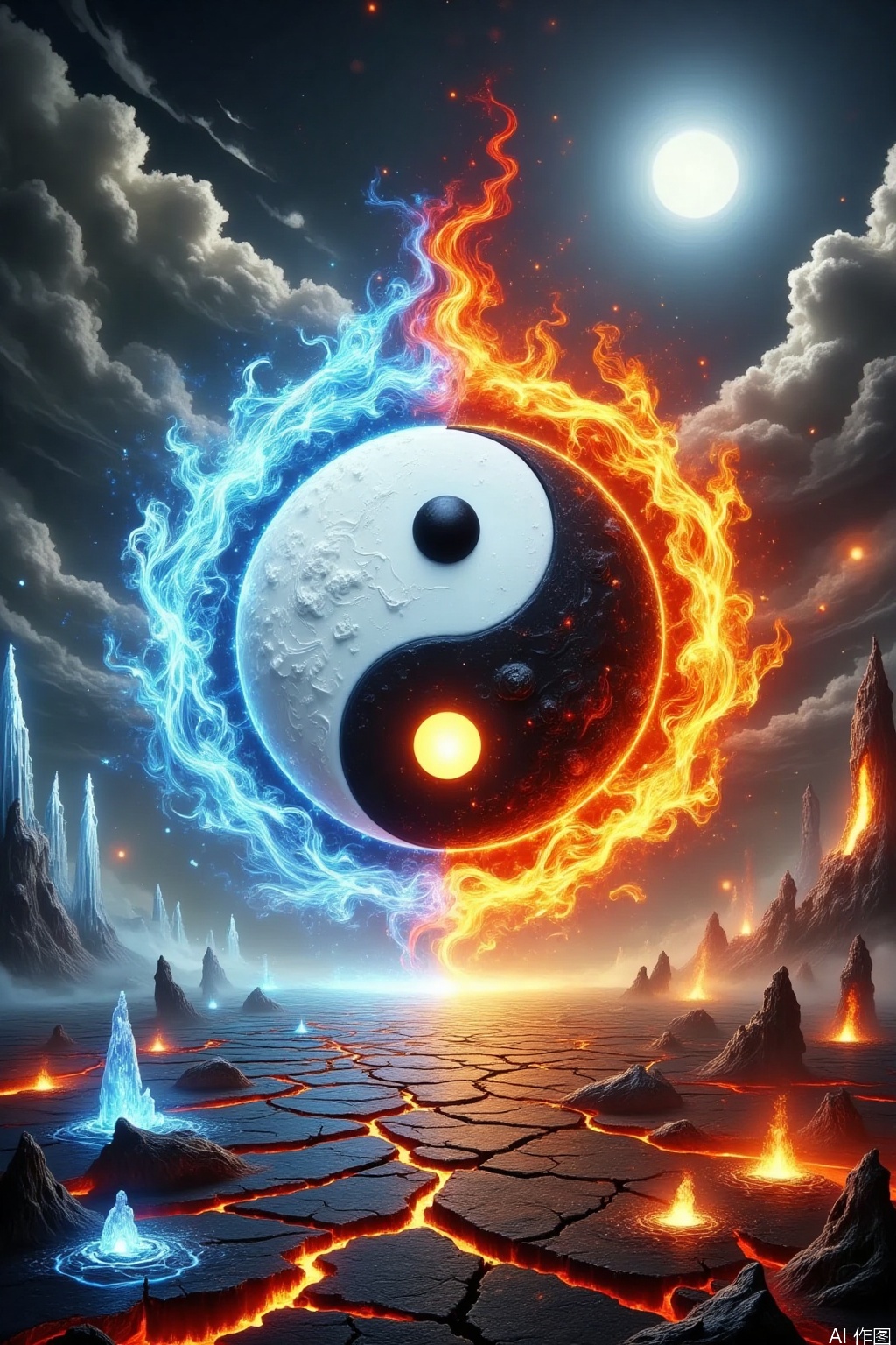 A picture full of fantasy colors, with a huge yin-yang symbol in the center, half white and half black, each containing a small dot. The white side is surrounded by a blue flowing light, while the black side is enveloped by an orange red flame like light, with water and fire elements opposing and blending with each other. The background is a sky interwoven with dark clouds and a bright moon under the cover of night. The ground is dry and cracked, with magma flowing and burning flames and icy columns emitting cold air, creating a mysterious and magical atmosphere full of power conflicts.