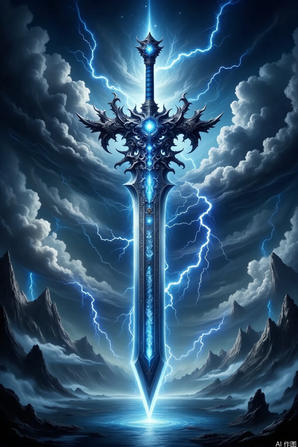 Under the dark, storm - filled sky where lightning flashes and thunder rumbles, a gigantic magic sword pierces straight through the heavens and the earth. The sword emits a faint blue glow, and its surface is intricately carved with elaborate and menacing patterns and spiky decorations. At the top of the hilt is inlaid a dazzling blue gemstone, radiating brilliant light. Around the sword, lightning snakes and winds, and the clouds churn violently, creating a strong sense of dynamism. Below is a calm body of water that reflects a cold light, and on either side are rocky, mist - shrouded mountains. The overall scene is full of a mysterious, awe - inspiring, and epic magical atmosphere.