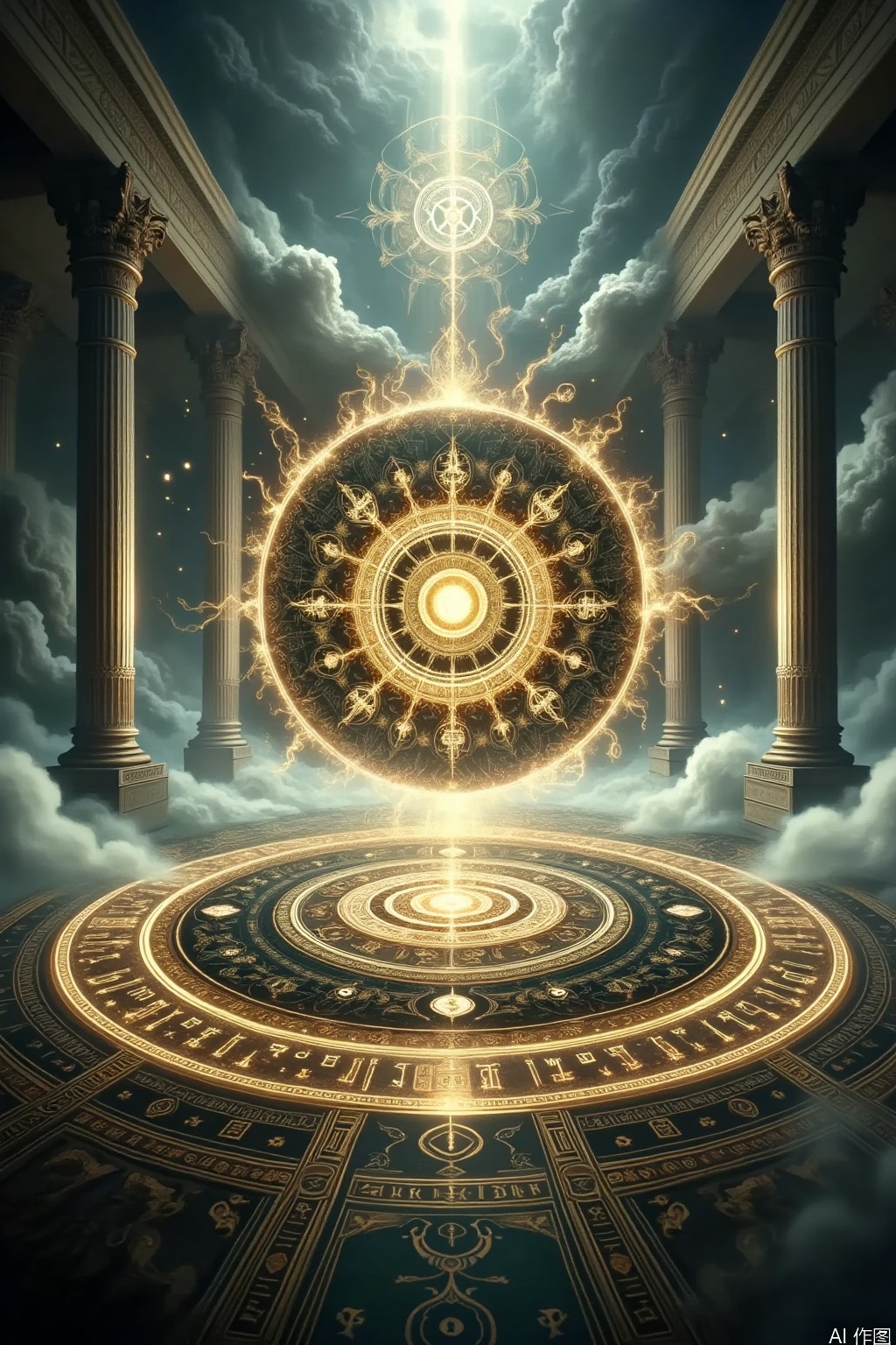 Scene setting: A fantastic and mysterious magical space with a misty sky, creating a dreamy and ethereal atmosphere.
-Magic Array: The center of the screen is a complex and magnificent magic array, with exquisite lines and intricate runes, emitting a golden light and serving as the visual focal point.
-Secret magical colors.
-Architectural elements: There are classical style columns on both sides, which may be part of some ancient and mysterious architecture.
Light and shadow effects: There is light penetrating through the clouds, as well as the radiance emitted by the magic array. The interweaving of cold and warm tones enhances the sacred and fantastical sense of the scene.