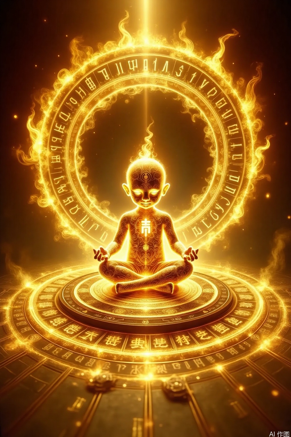 A child - like figure radiating golden light throughout the body, sitting in a meditative pose. The child's body surface has mysterious patterns, and there is an obvious character on the chest. It is placed on a circular magic array covered with ancient runes. The magic array is nested layer by layer, with golden light flowing. In the background, a huge golden halo floats, also engraved with runes, surrounded by vivid golden flames, creating a sacred, mysterious, and supernaturally - powerful atmosphere as a whole.