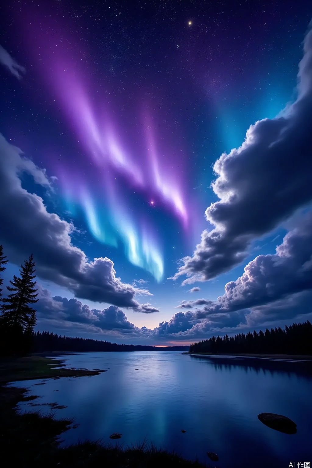 Under the cover of night, stars twinkle, and large clouds in the sky are rendered by mysterious purple and blue light. A few strands of aurora like light extend gracefully like ribbons, and shooting stars add to the dynamic. On the ground, the calm lake surface reflects the magnificent scenery of the sky like a mirror, and the trees on the shore are in black silhouette, forming an ethereal and mysterious night scene together with the fantastic sky and lake surface.