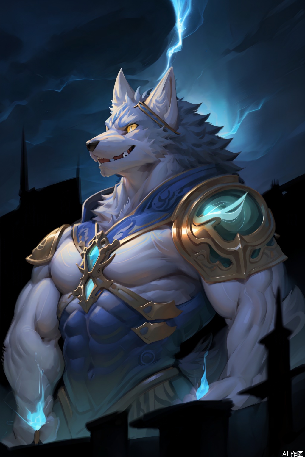The image depicts a highly detailed and vibrant digital artwork of a muscular anthropomorphic wolf character. The wolf is adorned with intricate armor that includes glowing blue and green gemstones, emphasizing its powerful physique. The character's fur is a mix of white and blue hues, and it has sharp, pointed ears and a fierce expression. The background is dark, with swirling, ethereal light effects that enhance the mystical and powerful aura of the character. There is also a smaller, less detailed wolf character in the background, adding depth to the scene.wolf boy, character:warwick