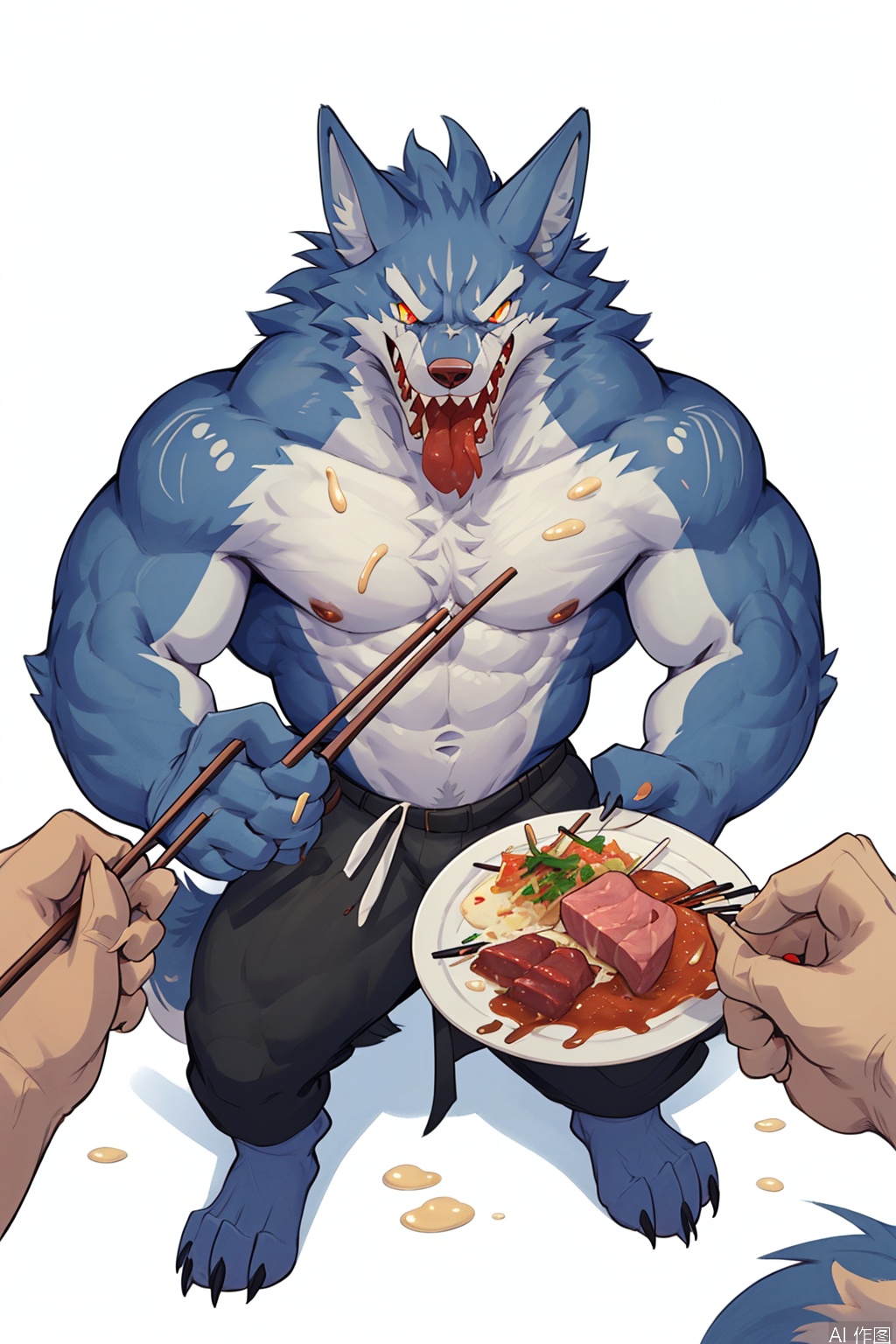 1boy, holding, full body, male focus, food, teeth, solo focus, pov, eating, sharp teeth, anger vein, angry, furry, colored sclera, chopsticks, furry male, white fur, feeding, meat, wolf, wolf boy,law,artist:Wolfanine