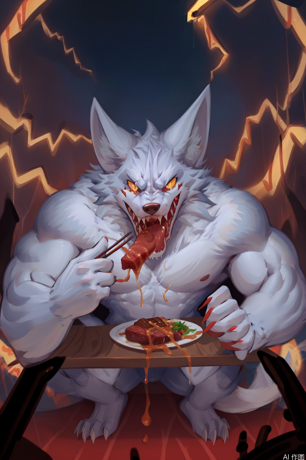 1boy, holding, full body, male focus, food, teeth, solo focus, pov, eating, sharp teeth, anger vein, angry, furry, colored sclera, chopsticks, furry male, white fur, feeding, meat, wolf, wolf boy,law,artist:Wolfanine