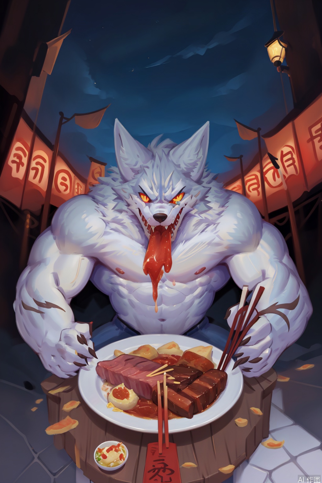 1boy, holding, full body, male focus, food, teeth, solo focus, pov, eating, sharp teeth, anger vein, angry, furry, colored sclera, chopsticks, furry male, white fur, feeding, meat, wolf, wolf boy,law,artist:Wolfanine