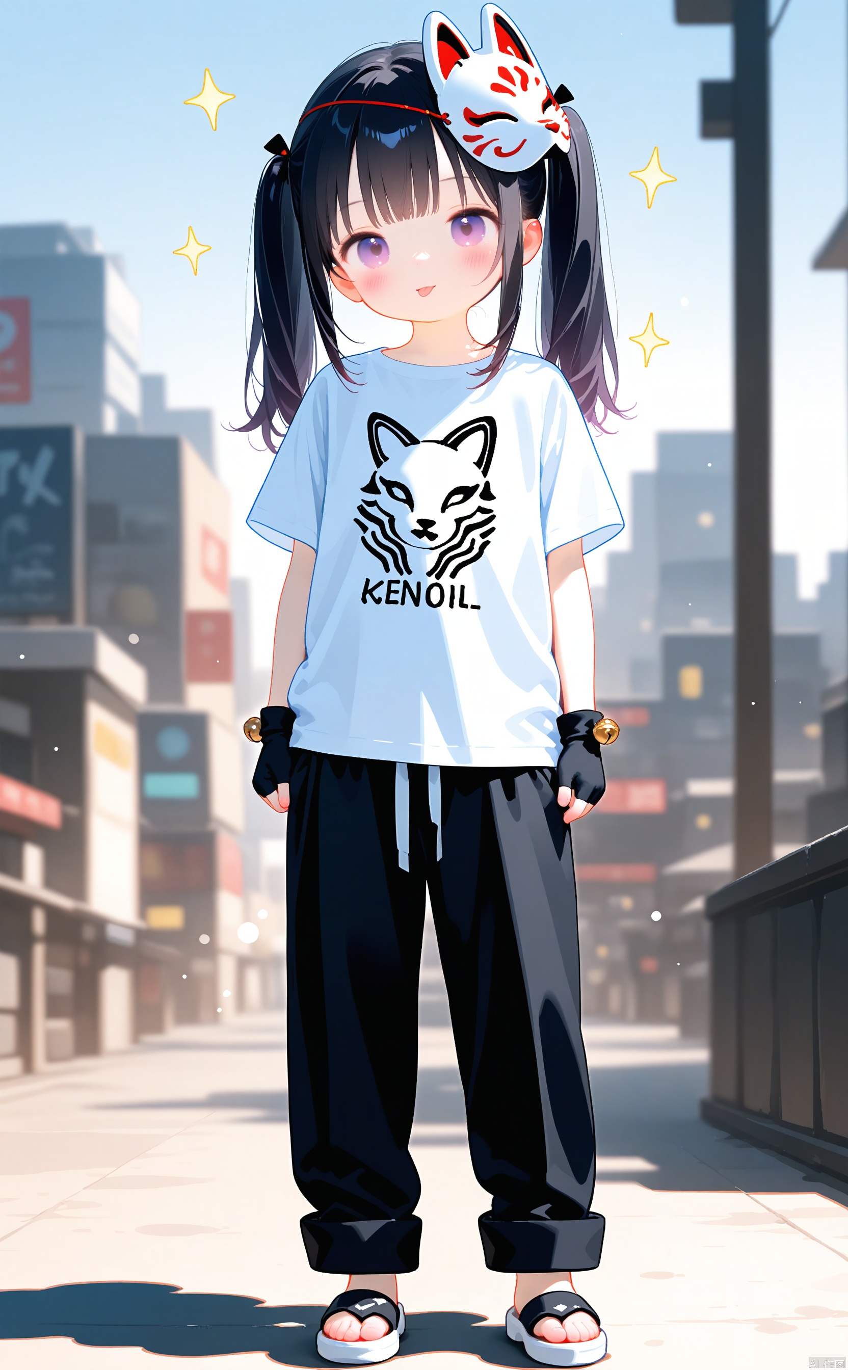 age_down,masterpiece,best quality,high quality,loli, Sparkle,1girl, solo, long hair, close mouth, bangs, black hair, gloves, twintails, standing, purple eyes, fingerless gloves,Keywords Cyberpunk style, T-shirts, casual pants, bell, mask, sandals, :p, mask on head, fox mask,long sleeves,long pants,depth of field,cxdistill5