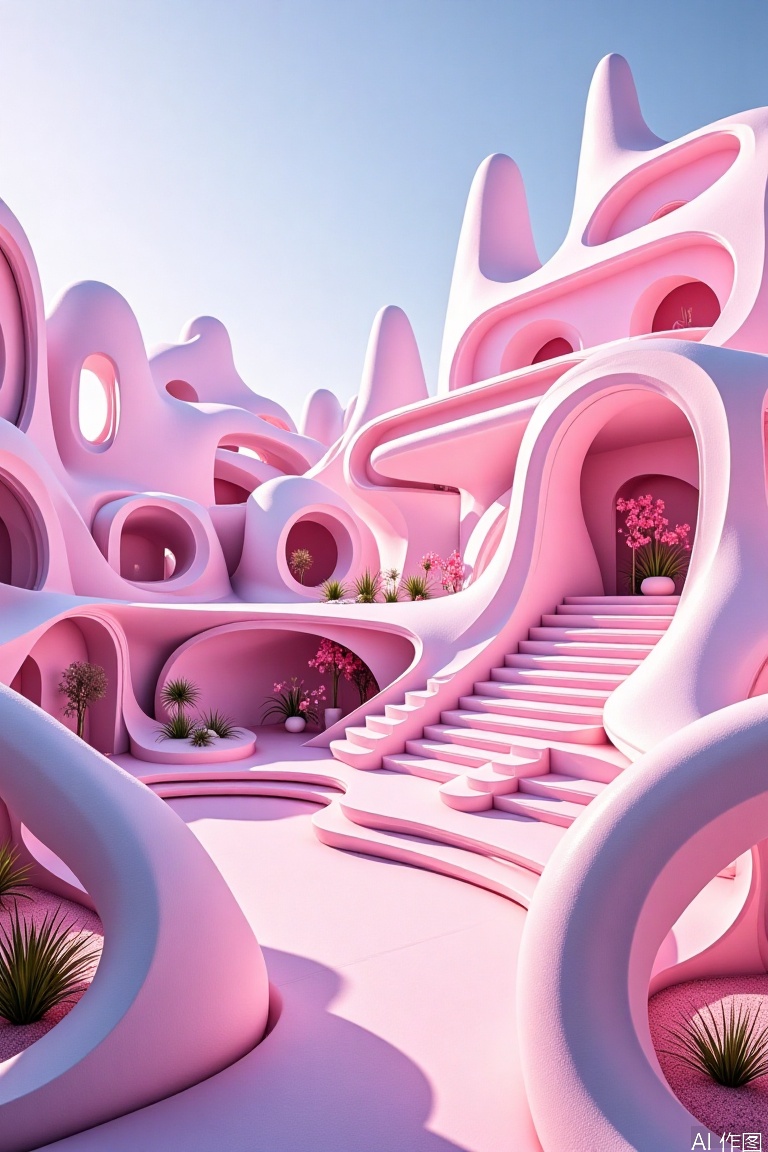 Future architecture,Magical architectural landscape,Minimalist and small fresh.,Pink style