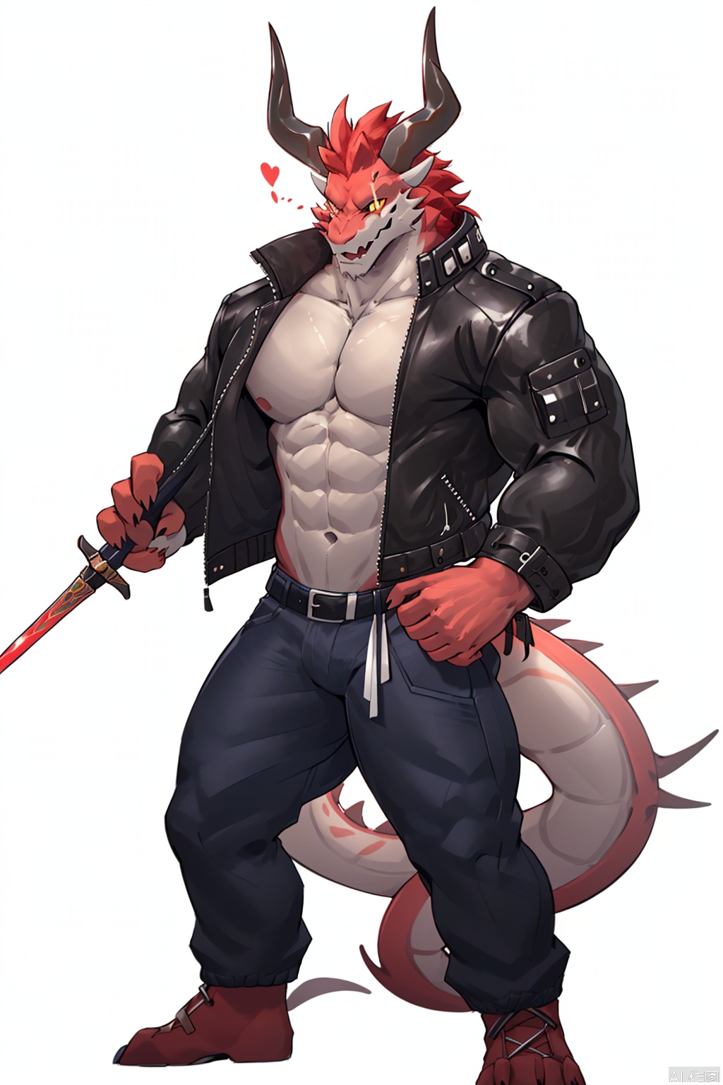 solo, looking at viewer, short hair, 1boy, white background, holding, jacket, weapon, male focus, thighs, red hair, open clothes, horns, pants, holding weapon, open jacket, muscular, feet out of frame, thick eyebrows, pectorals, muscular male, demon horns, bara, colored sclera, large pectorals, white pants, furry male, tight, curled horns, leather, pectoral cleavage, yellow sclera, leather jacket, dragon boy, multiple horns,artist:Wolfanine