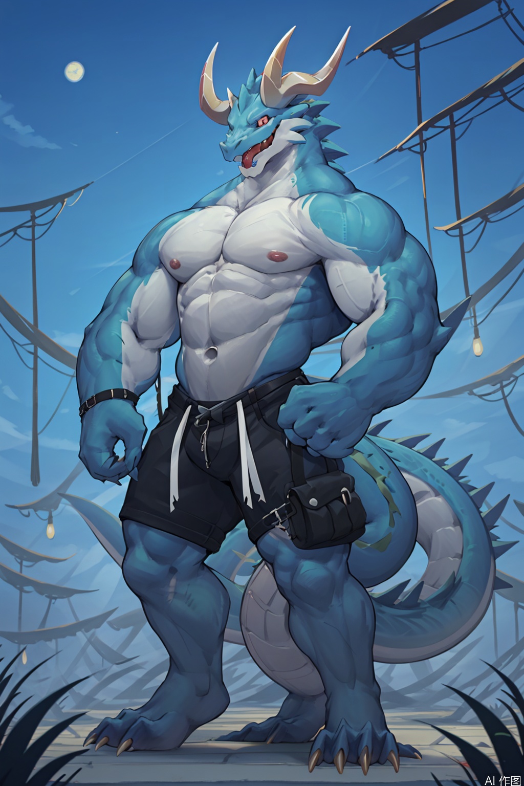 solo, looking at viewer, short hair, red eyes, 1boy, night background, navel, nipples, standing, tail, full body, male focus, artist:Wolfanine, horns, tongue, tongue out, stomach, completely , muscular, colored skin, piercing, abs, pectorals, muscular male, claws, colored sclera, dragon tail, scales,  piercing, monster boy, animal feet, lizard tail, dragon boy