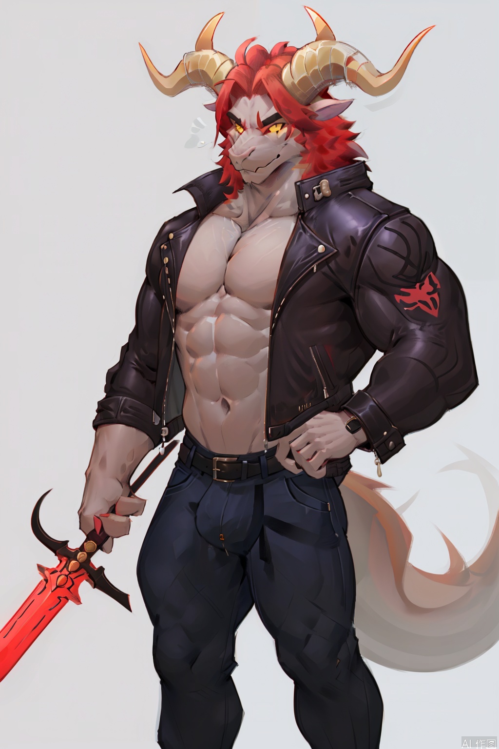 solo, looking at viewer, short hair, 1boy, white background, holding, jacket, weapon, male focus, thighs, red hair, open clothes, horns, pants, holding weapon, open jacket, muscular, feet out of frame, thick eyebrows, pectorals, muscular male, demon horns, bara, colored sclera, large pectorals, white pants, furry male, tight, curled horns, leather, pectoral cleavage, yellow sclera, leather jacket, dragon boy, multiple horns,artist:Wolfanine