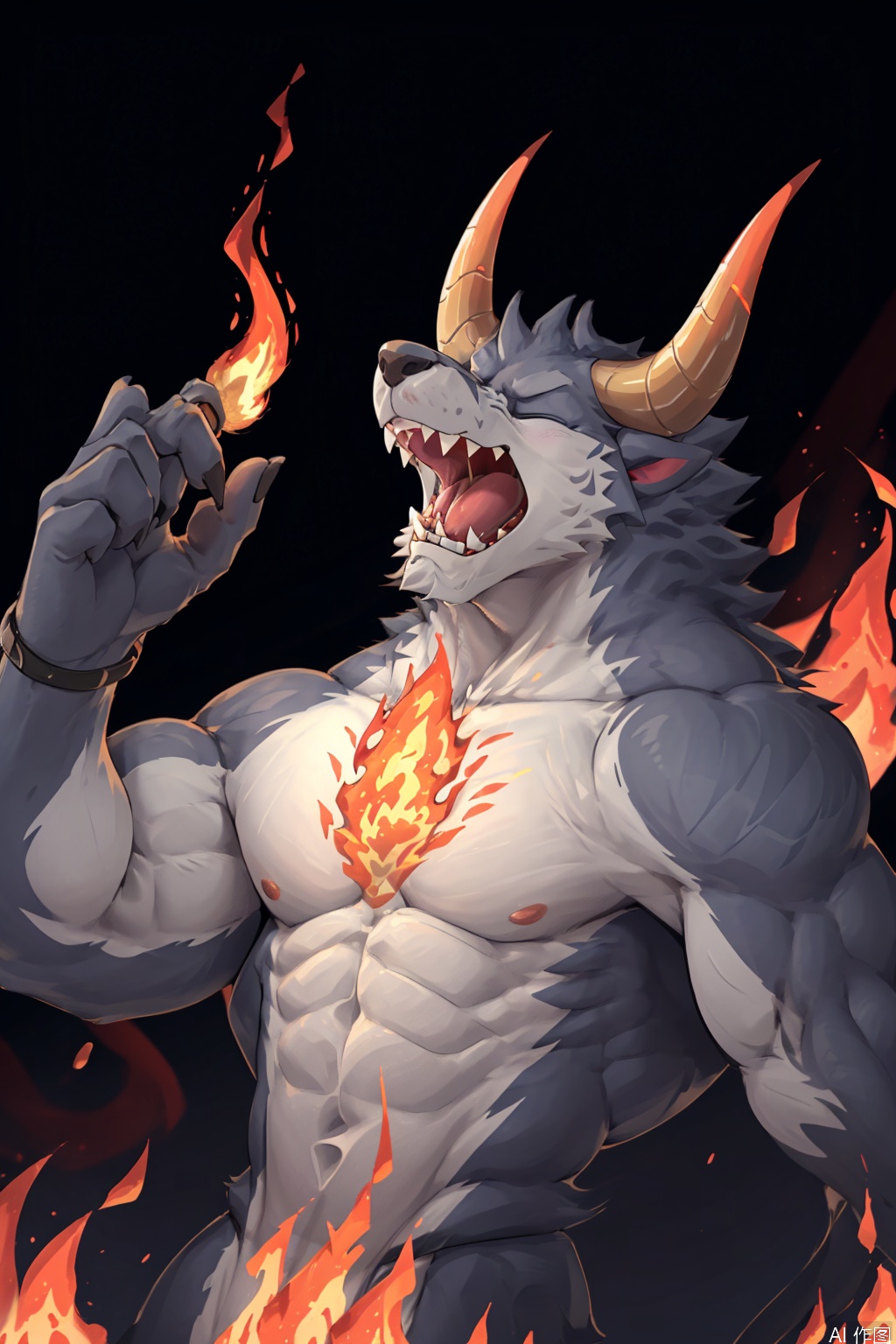 solo, smile, open mouth, lava background, closed eyes, upper body, horns, furry, fangs, transparent background, thick eyebrows, fire, furry, furry male, orange fur,artist:Wolfanine