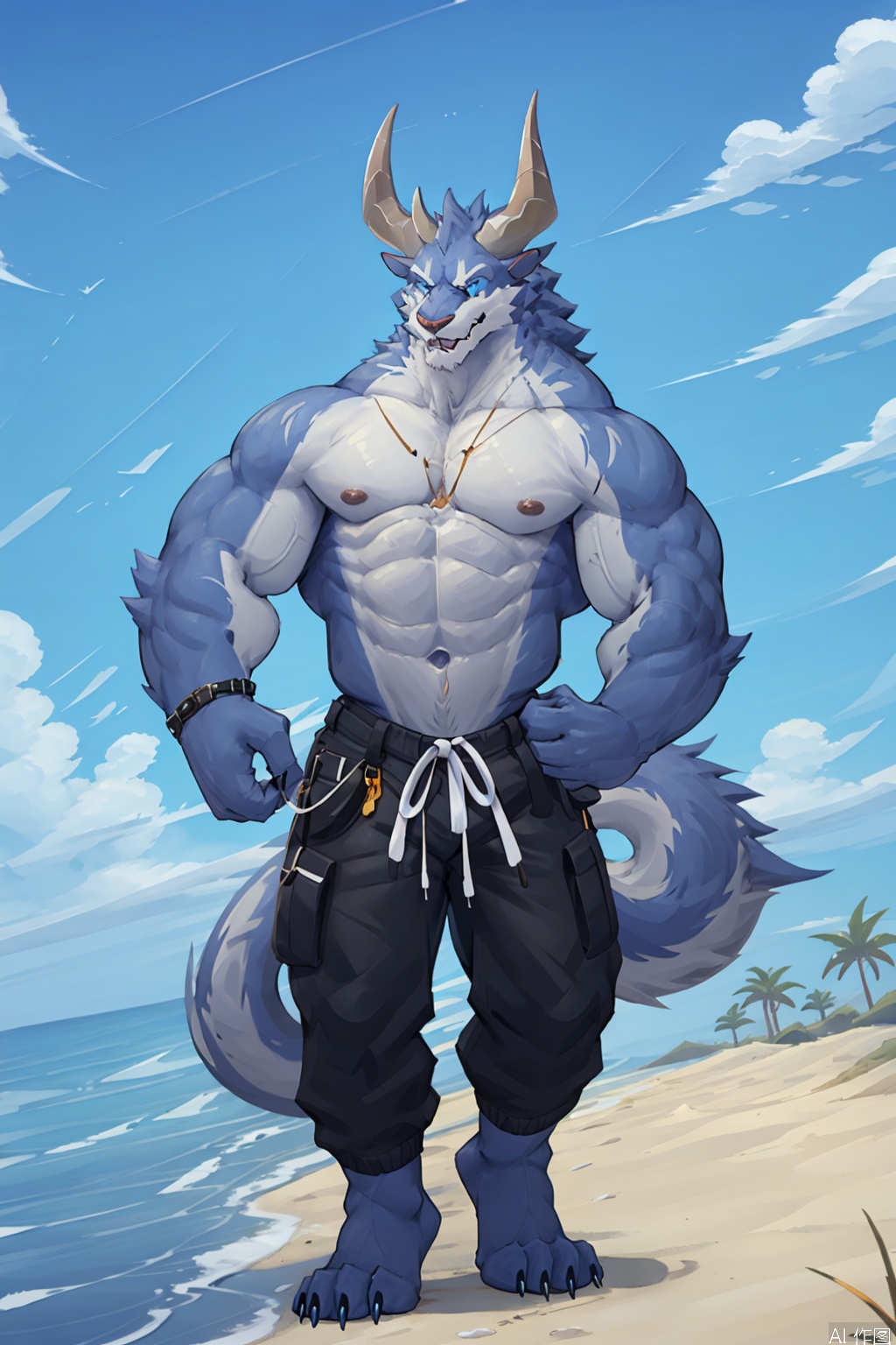solo, blue eyes, 1boy, navel, holding, animal ears, nipples, tail, full body, male focus, outdoors, horns, sky, day, pants, cloud, tree, muscular, beach, abs, pectorals, muscular male, bara, furry, large pectorals, topless male, sand, palm tree, furry male,artist:Wolfanine