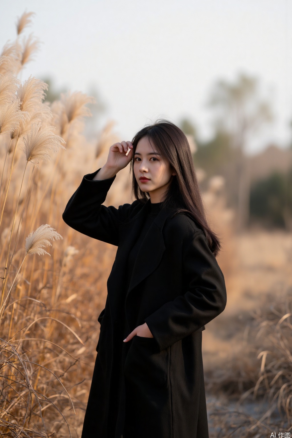 The image shows a person standing outdoors in a natural setting. The individual is wearing a black coat and a black top, with long, dark hair. They are holding their hair with one hand, and the other hand is in the pocket of the coat. The background consists of tall, dry grasses, suggesting a field or a natural landscape. The lighting is soft and warm, likely indicating an autumn or early winter day. The overall atmosphere is serene and slightly melancholic.