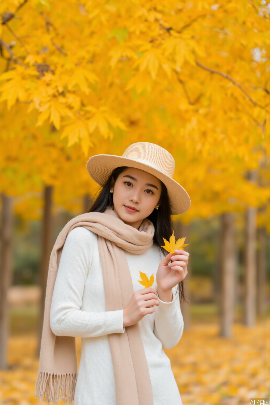 The image shows a person standing outdoors, surrounded by vibrant yellow leaves on trees. The individual is dressed in a white top, a beige scarf, and a beige hat, holding a small yellow leaf in their hands. The background is softly blurred, emphasizing the person and the autumn leaves. The overall scene has a serene and warm atmosphere, typical of a fall day.