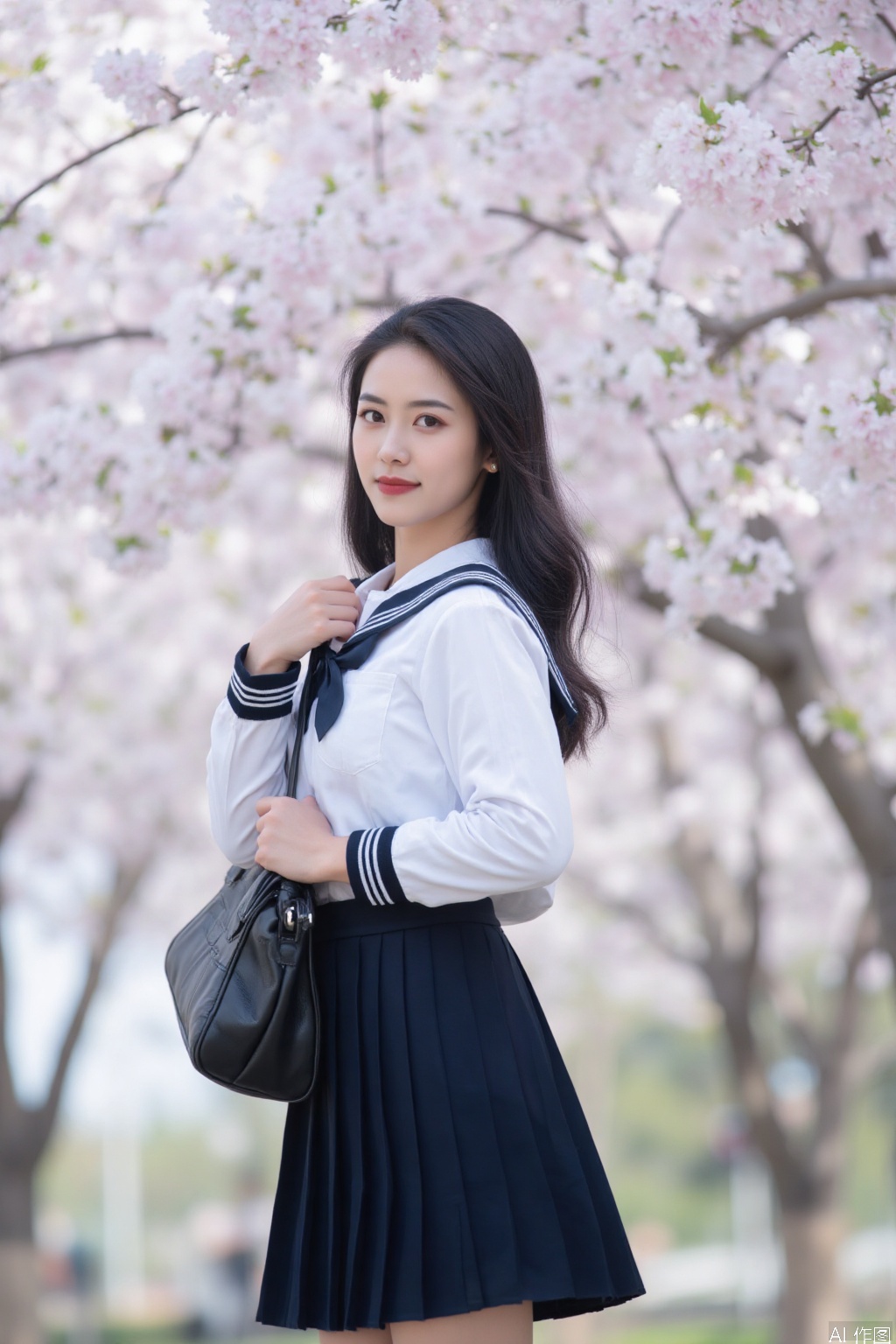 The image shows a young woman standing outdoors, dressed in a school uniform consisting of a white sailor-style blouse with black stripes on the collar and cuffs, and a dark pleated skirt. She is holding a black handbag in her right hand and has her left hand resting on her chest. The background is blurred, featuring cherry blossom trees in bloom, suggesting a springtime setting. The overall atmosphere is serene and picturesque.