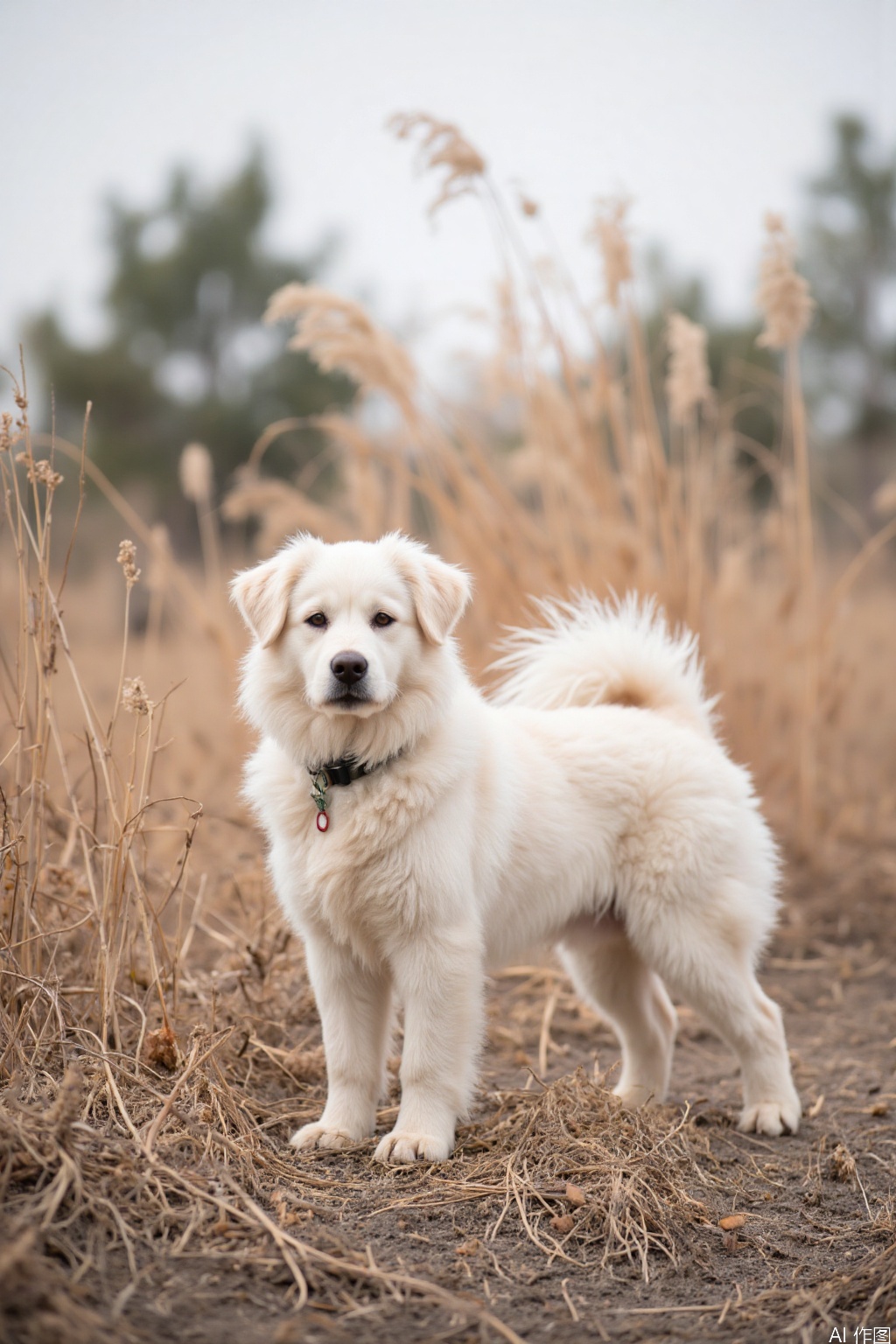 The image shows a fluffy white dog standing in a field of dry grass. The dog has a thick, curly coat and is wearing a collar with a tag. The background features tall, thin grasses and blurred trees, suggesting a natural outdoor setting. The lighting is soft, creating a serene atmosphere.