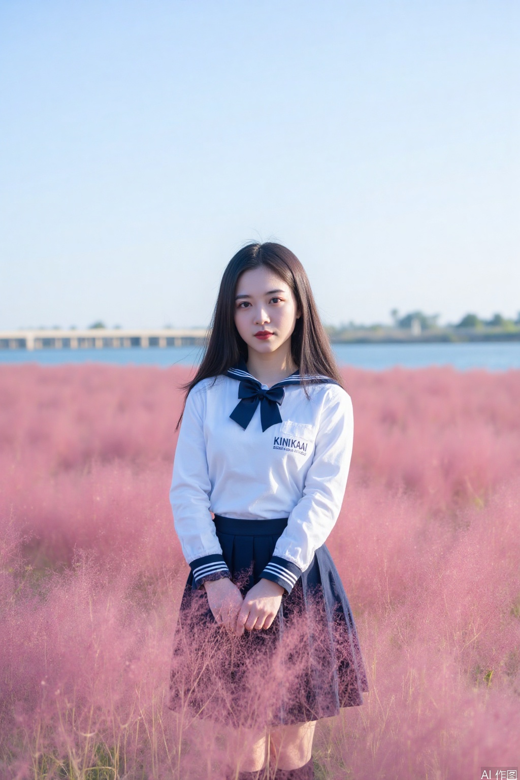 The image shows a young woman standing in a field of pink grass, which appears to be a type of ornamental or ornamental grass. She is wearing a white shirt with the word "KINIKAI" printed on it, along with a dark blue bow tie. She also has a navy blue skirt and is standing with her hands clasped in front of her. The background features a body of water and a bridge, with a clear blue sky above. The overall setting is serene and picturesque, with the pink grass creating a striking contrast against the natural elements.
