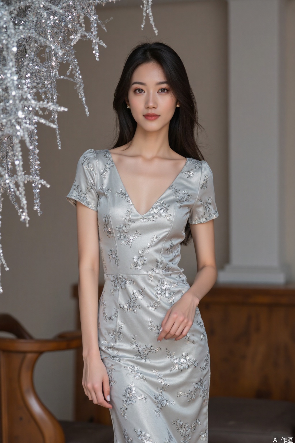 The image shows a woman standing in an elegant indoor setting. She is wearing a sophisticated, silver-colored dress adorned with intricate floral patterns. The dress has a deep V-neckline and short sleeves, giving it a delicate and stylish appearance. Her hair is styled in soft waves, and she has a confident expression on her face. In the background, there is a wooden chair with a curved design, and a decorative element resembling a cascade of silver or metallic material. The setting appears to be well-lit, emphasizing the details of the dress and the surrounding decor.