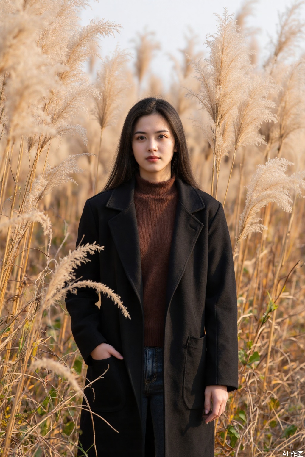 The image shows a person standing in a field of tall, golden grasses, which appear to be ornamental grasses. The person is dressed in a black coat over a brown turtleneck sweater and blue jeans. The background consists of a field of similar tall grasses, creating a natural and serene setting. The lighting suggests it might be late afternoon or early evening, casting a warm glow on the scene.